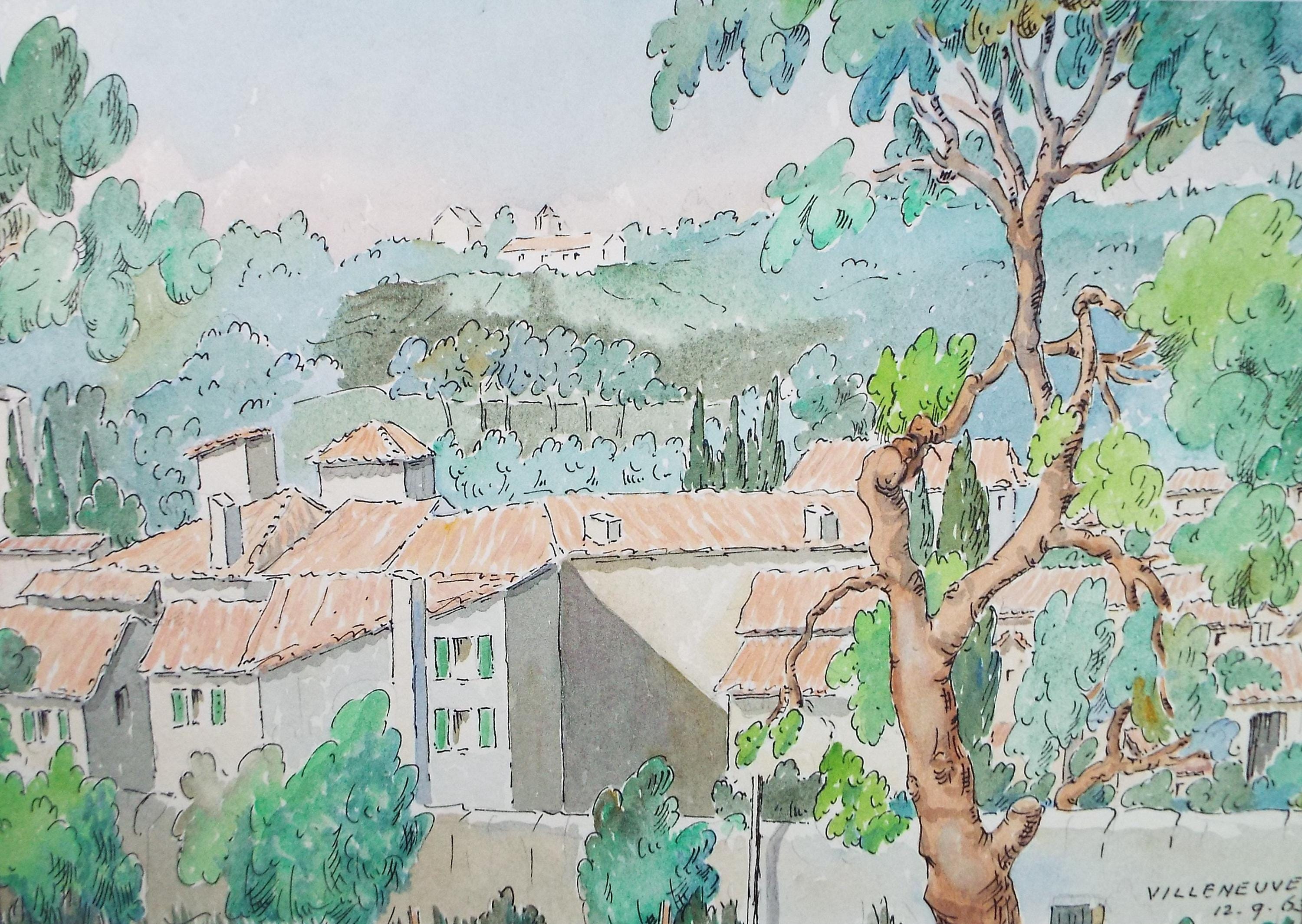 Original Watercolour & Ink , 'Villeneuve', Cicely Glyn de Beers (1891-1973), Dated 1963