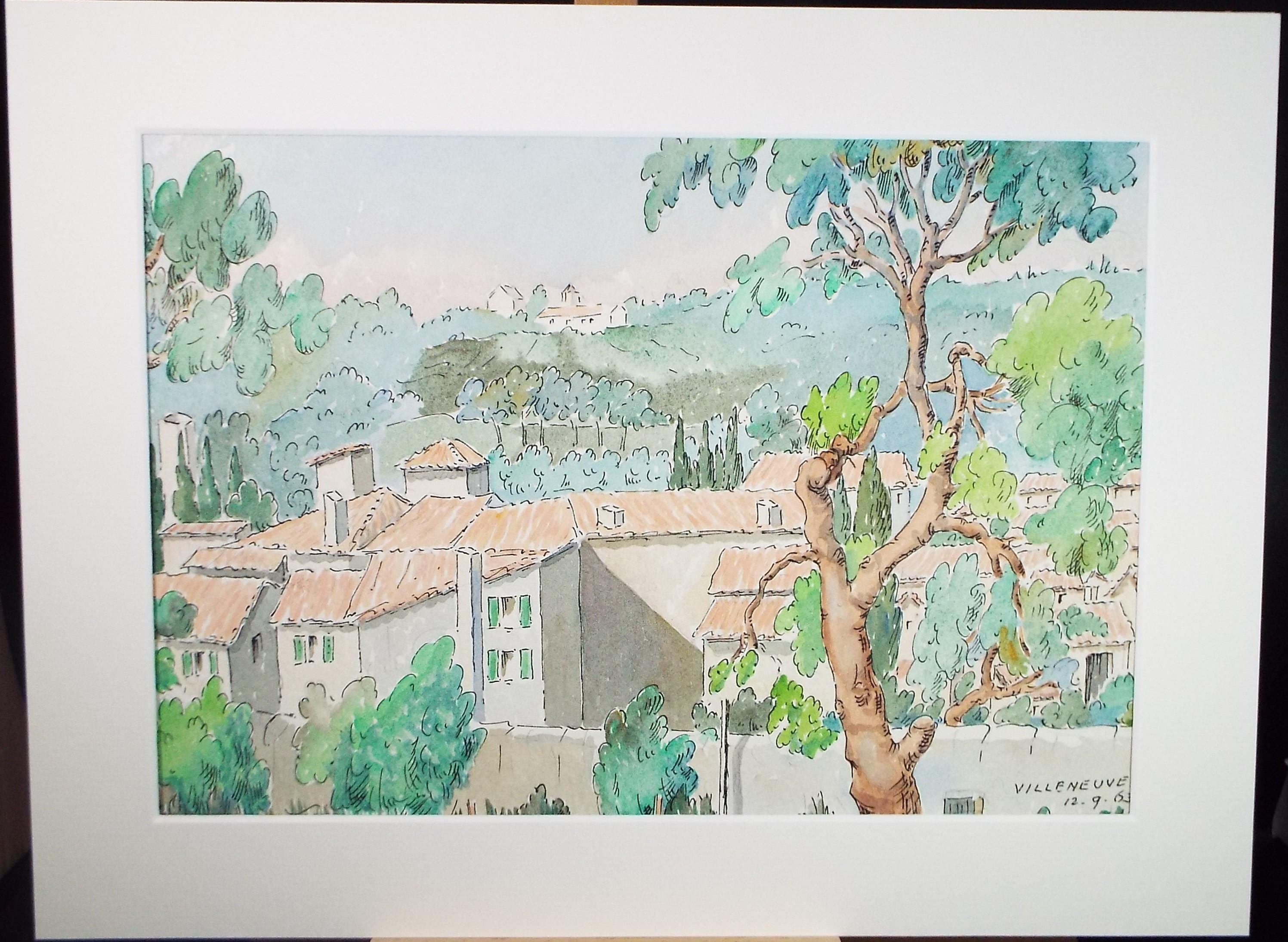 Original Watercolour & Ink , 'Villeneuve', Cicely Glyn de Beers (1891-1973), Dated 1963
