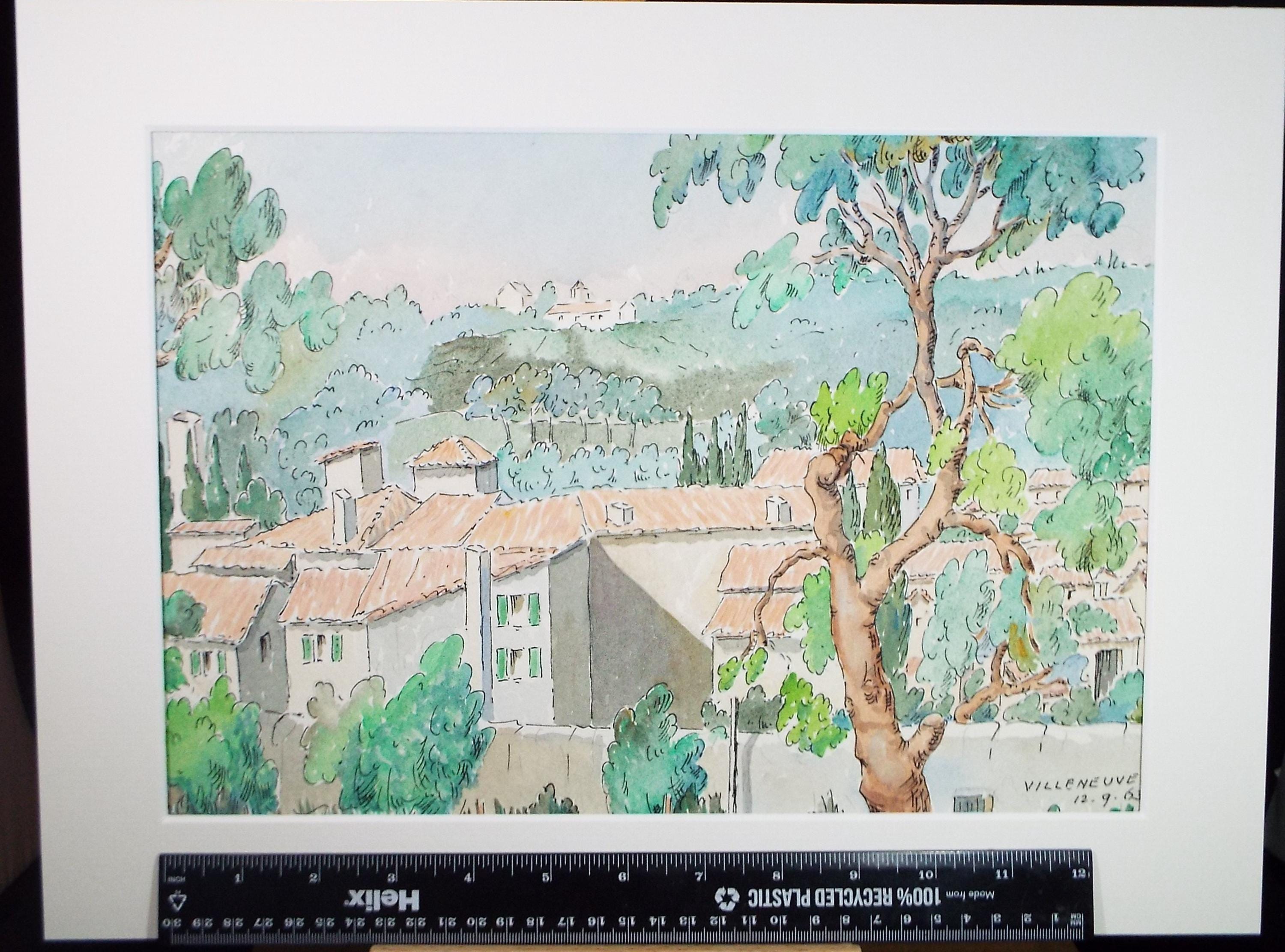 Original Watercolour & Ink , 'Villeneuve', Cicely Glyn de Beers (1891-1973), Dated 1963