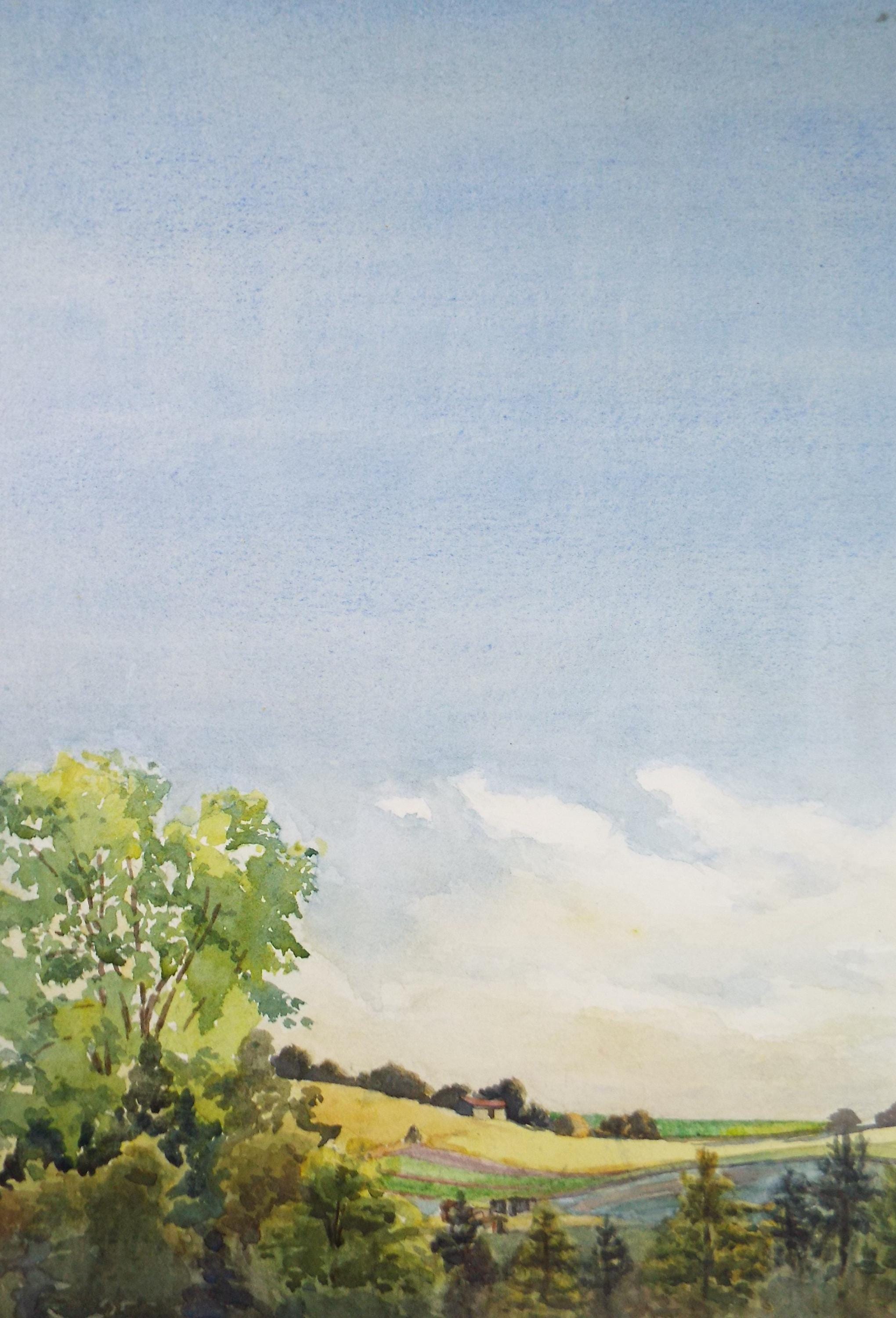 Original Watercolour, 'Blue sky above a Landscape', Circa 1950's, Unknown Artist
