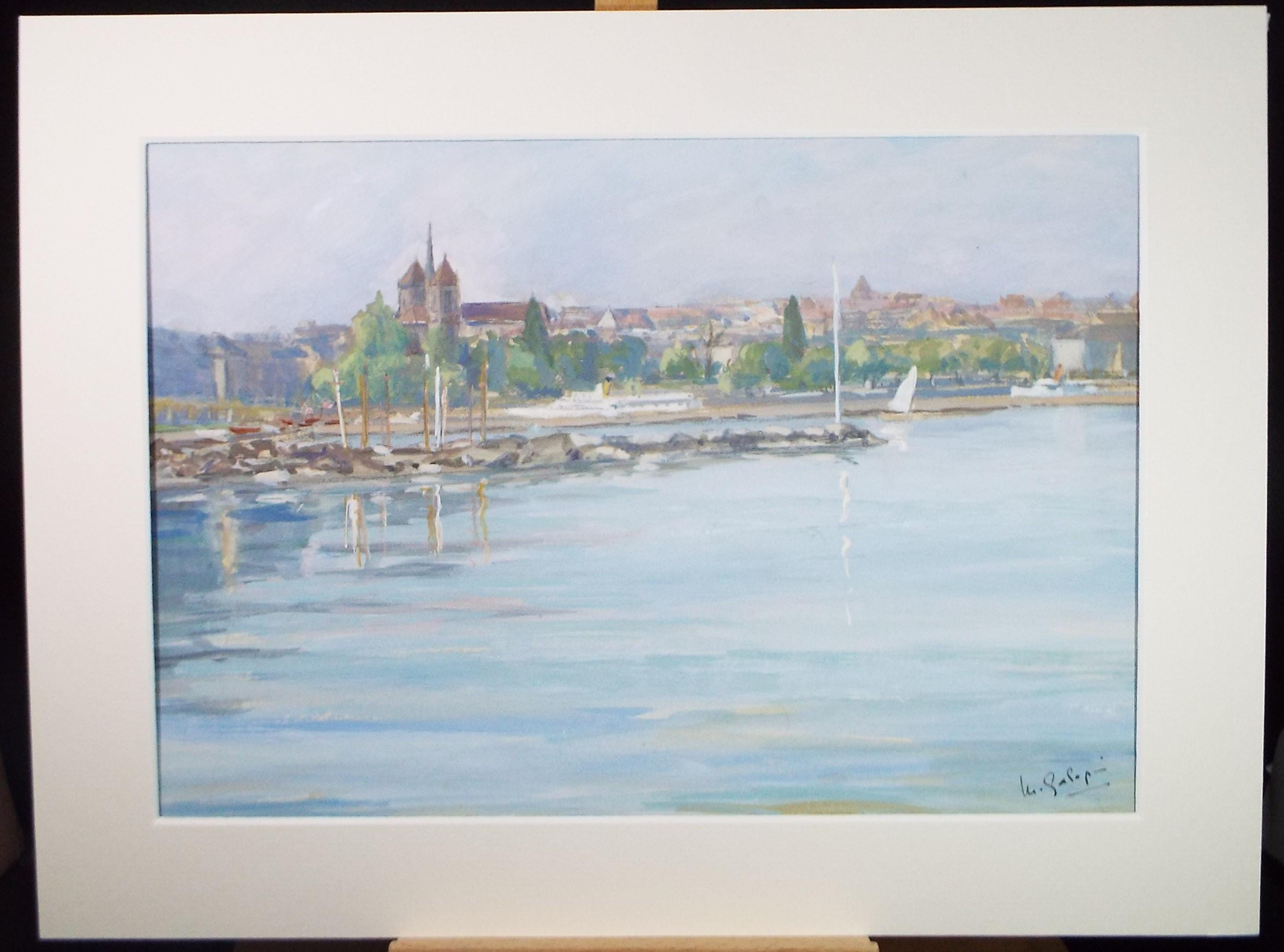 Original Watercolour & Gouache, 'Coastal Town', c1960's, indistinctly signed
