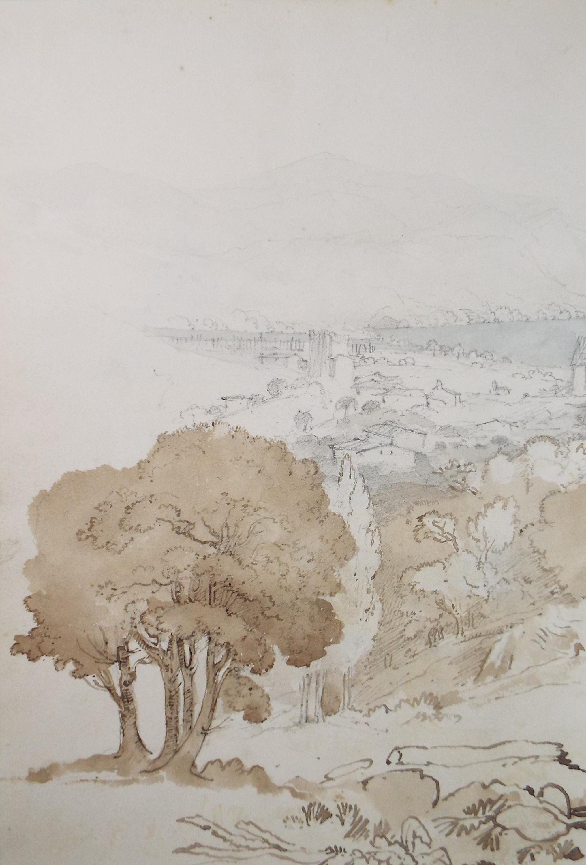 Original Pencil drawing & watercolour , 'Continental View', Late 19th Century, artist unknown