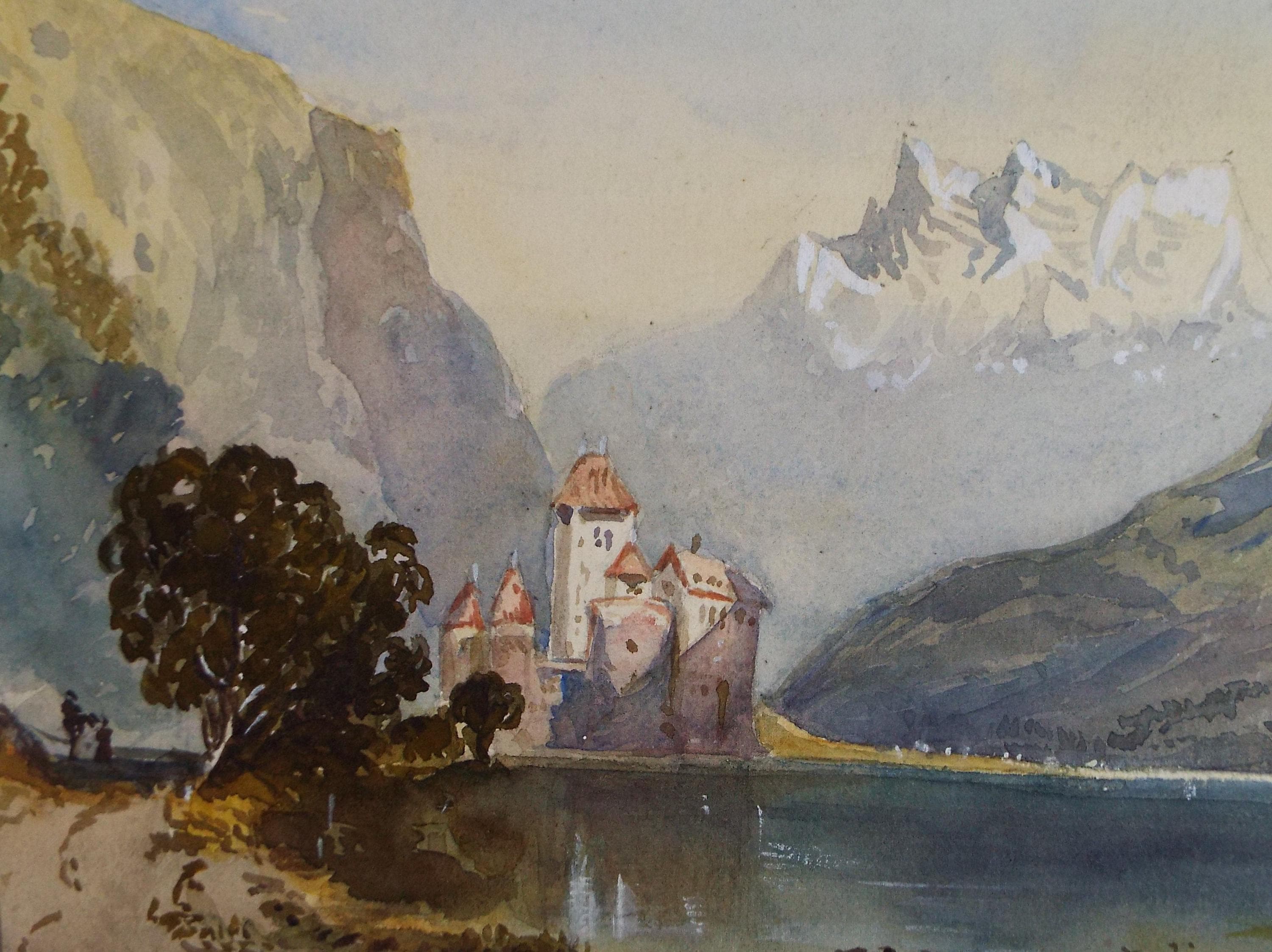 Original Watercolour, late 19th Century , 'Castle on the lake ', Artist Unknown