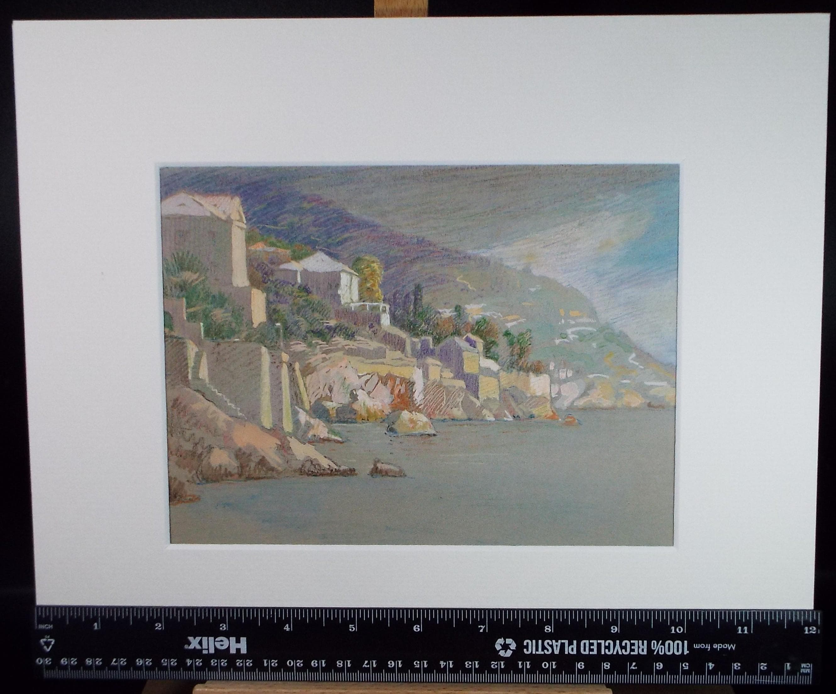 Original Pastel, 'Coastal Village', Artist Unknown, Circa 1920