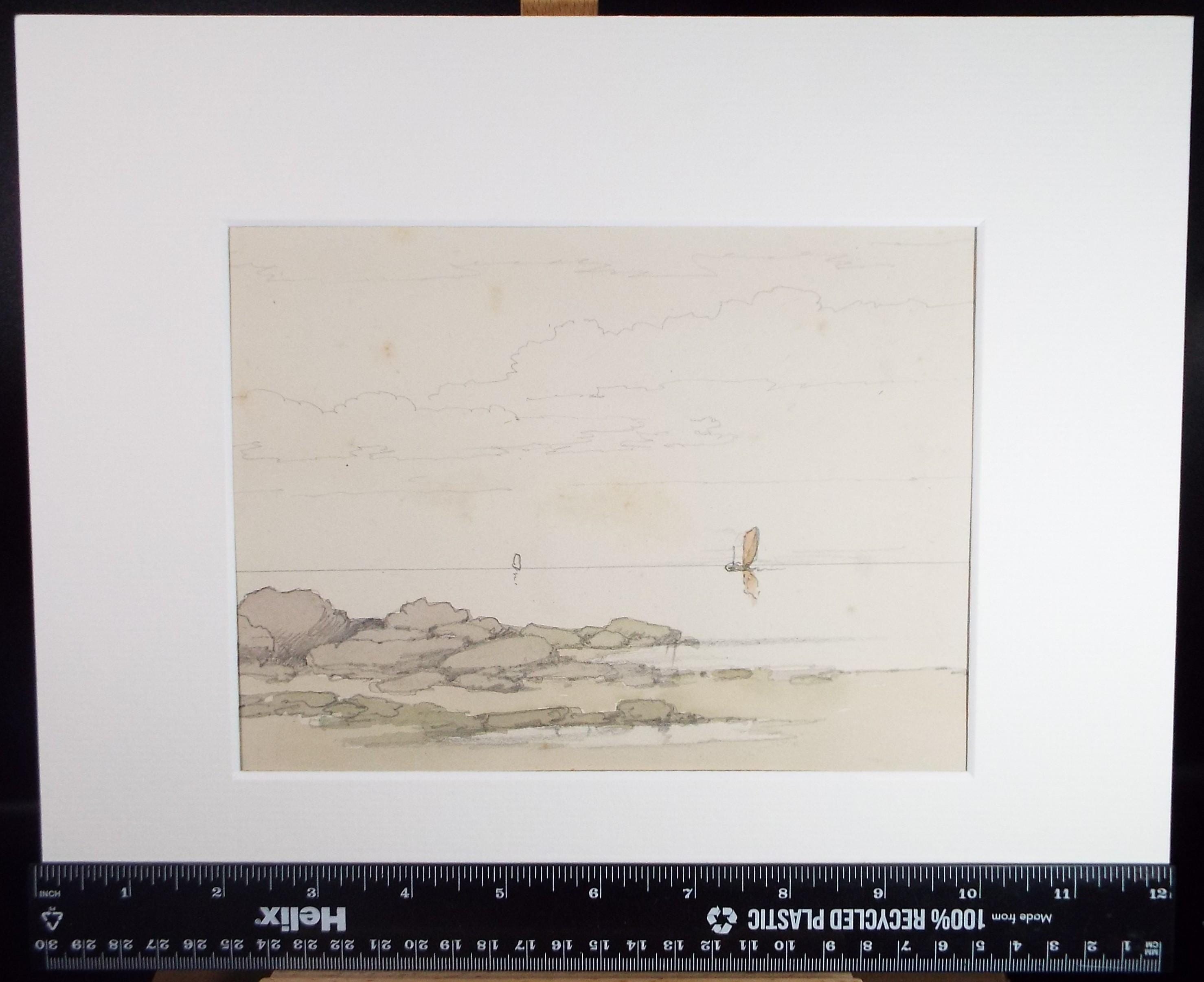 Original Watercolour, 'Boats off the shore', Early 20th Century, Artist unknown