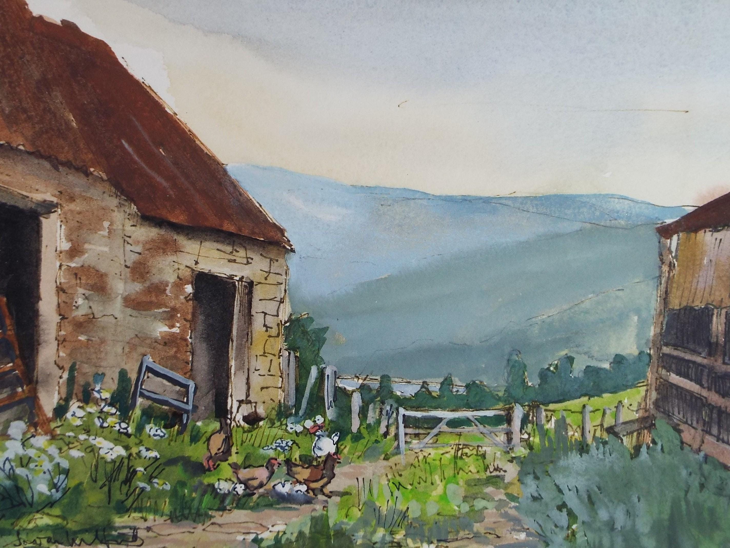 Original Watercolour, 'Farmyard with distant loch', Dated 1984