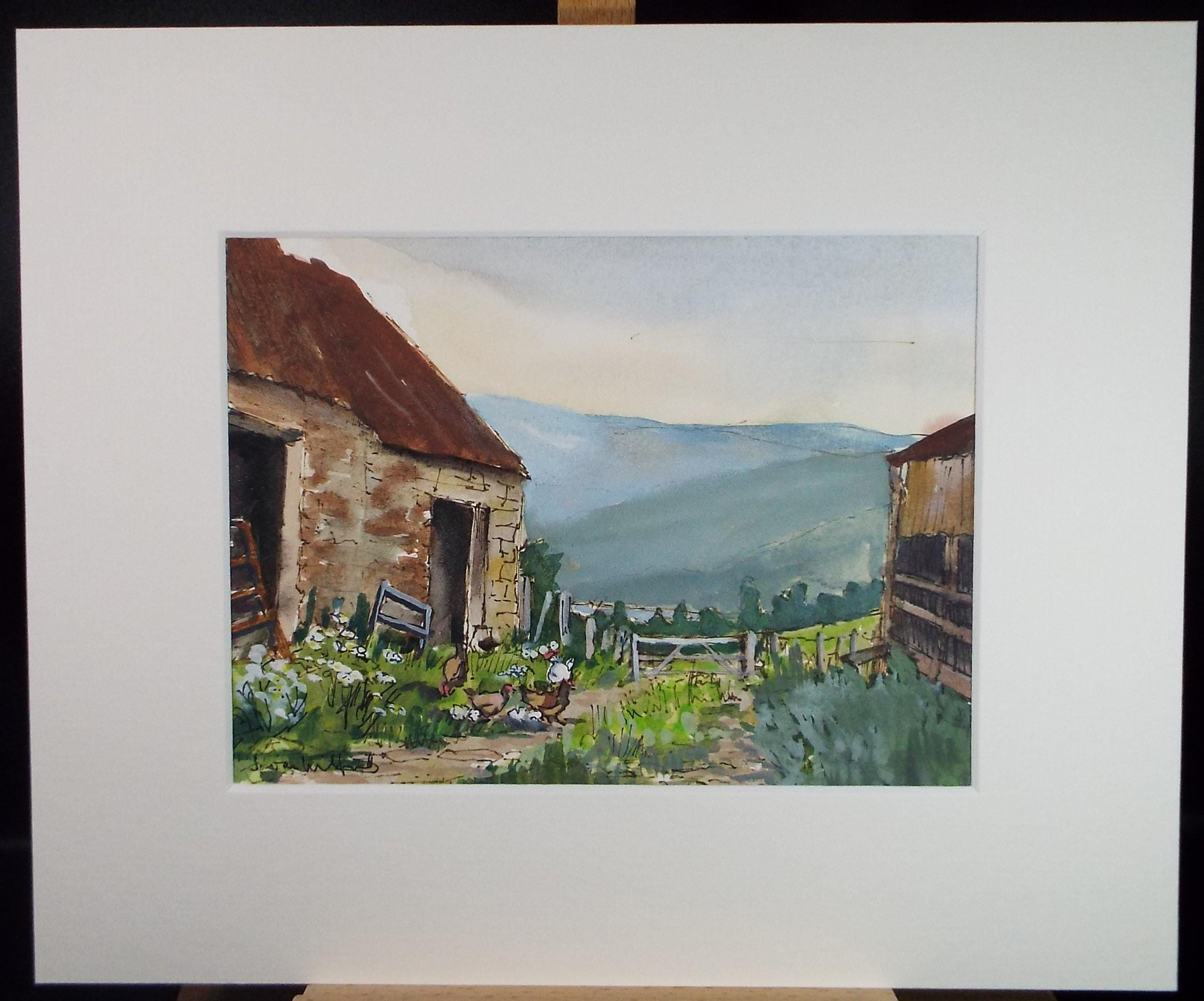 Original Watercolour, 'Farmyard with distant loch', Dated 1984