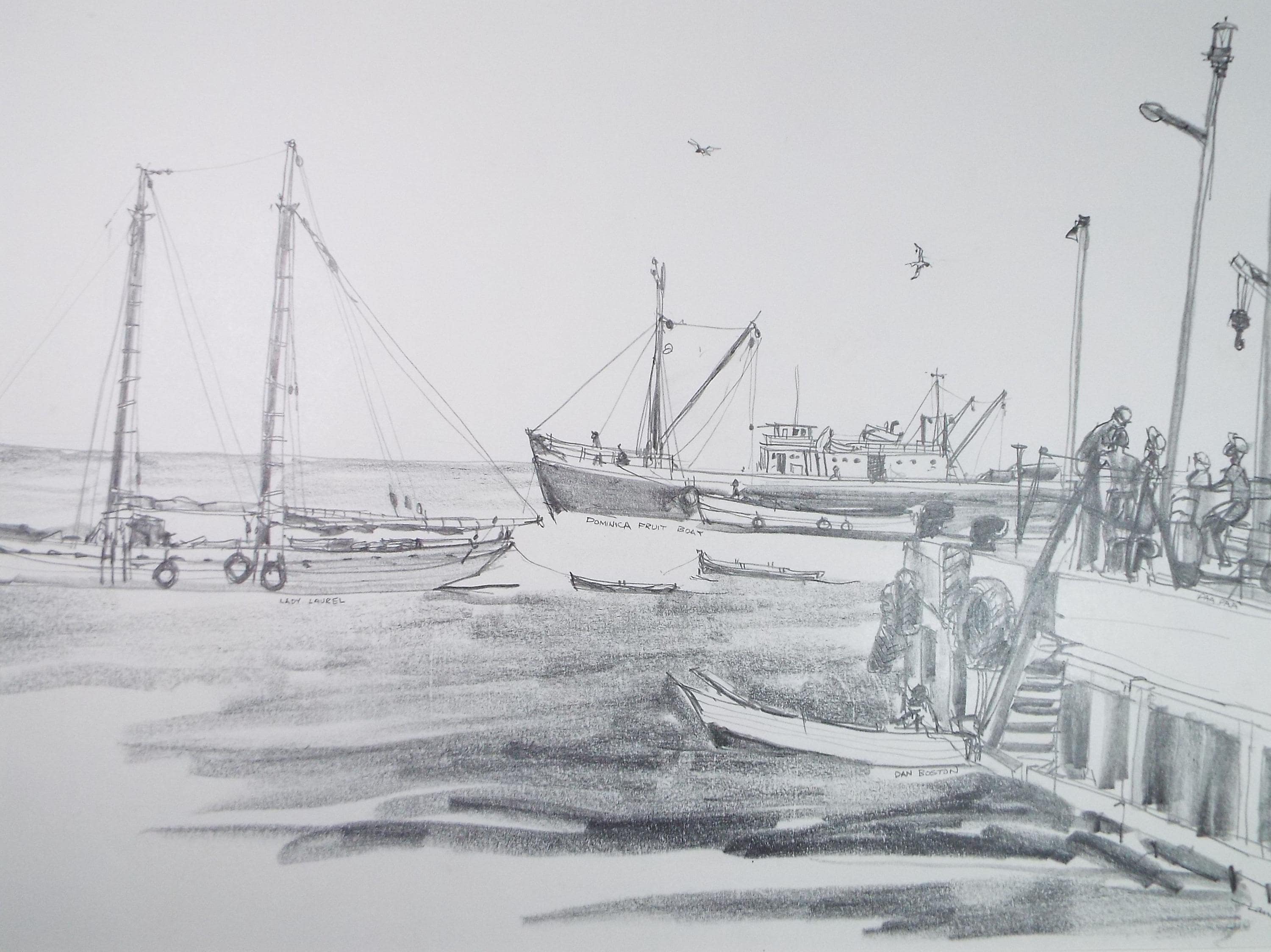 Original Pencil Drawing, Circa 1972, 'Quayside, Montserrat', Pamela Lander