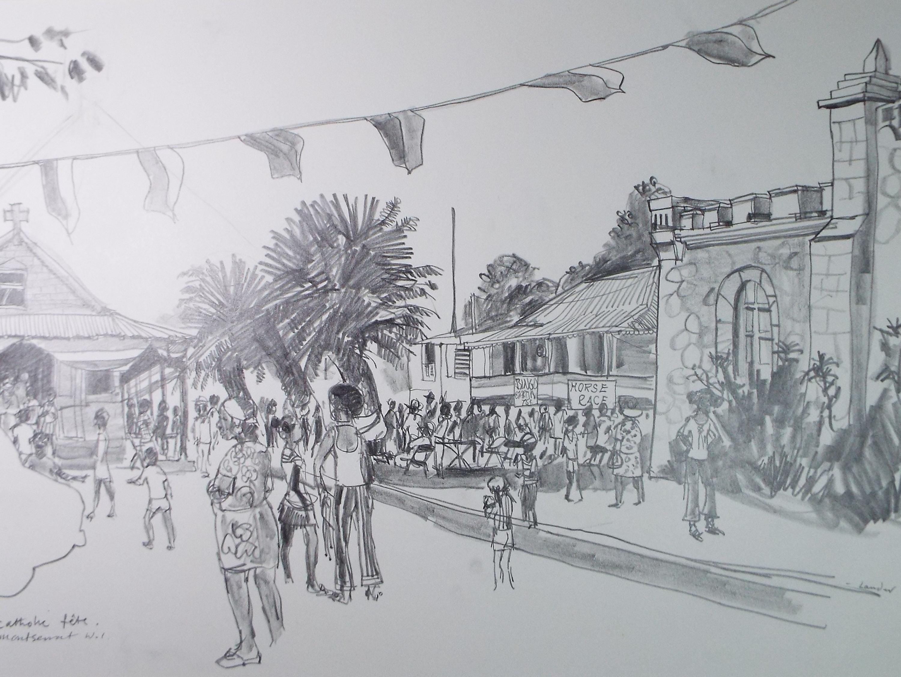 Original Pencil Drawing, circa 1972, 'Catholic Fete Montserrat', Pamela Lander