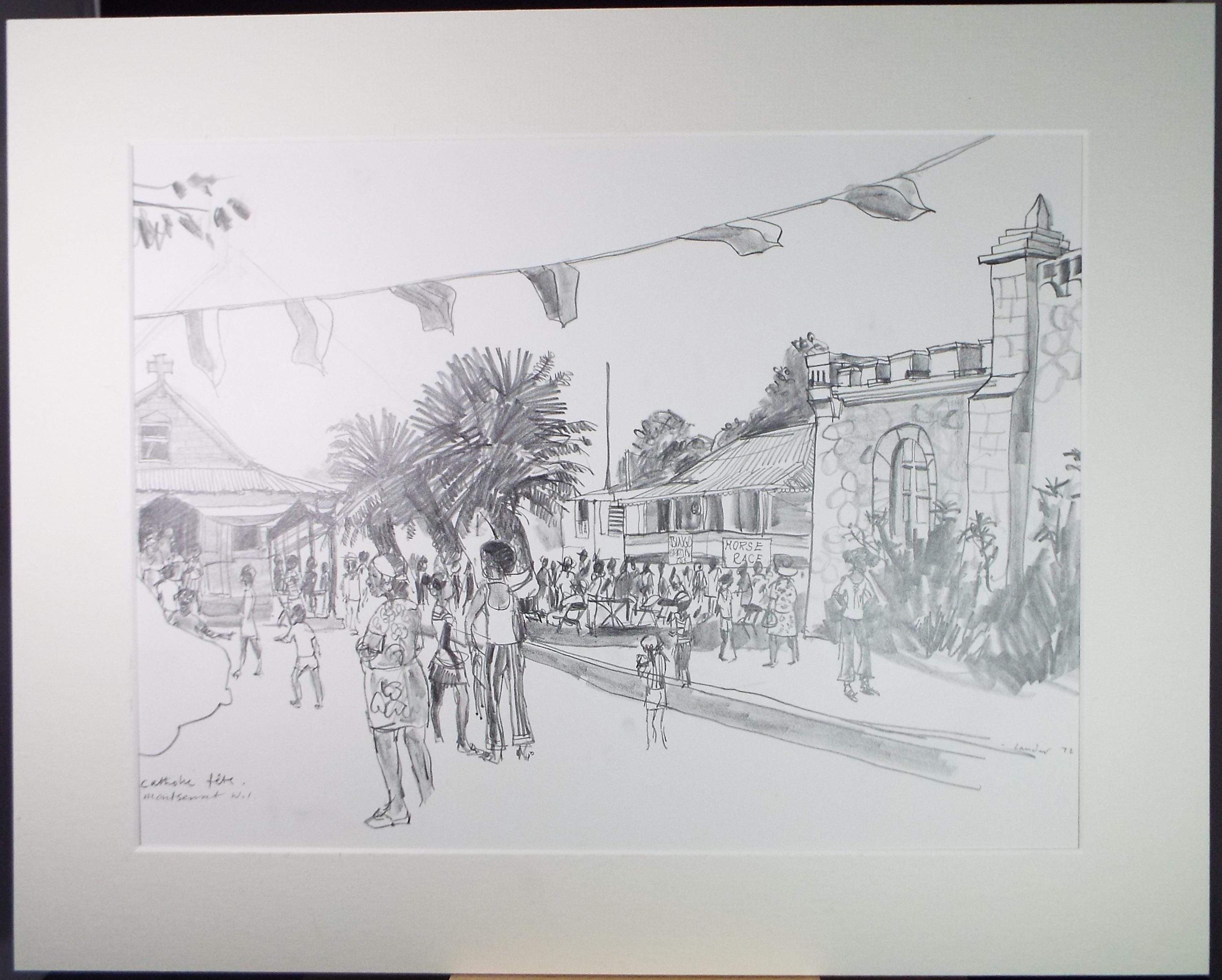 Original Pencil Drawing, circa 1972, 'Catholic Fete Montserrat', Pamela Lander
