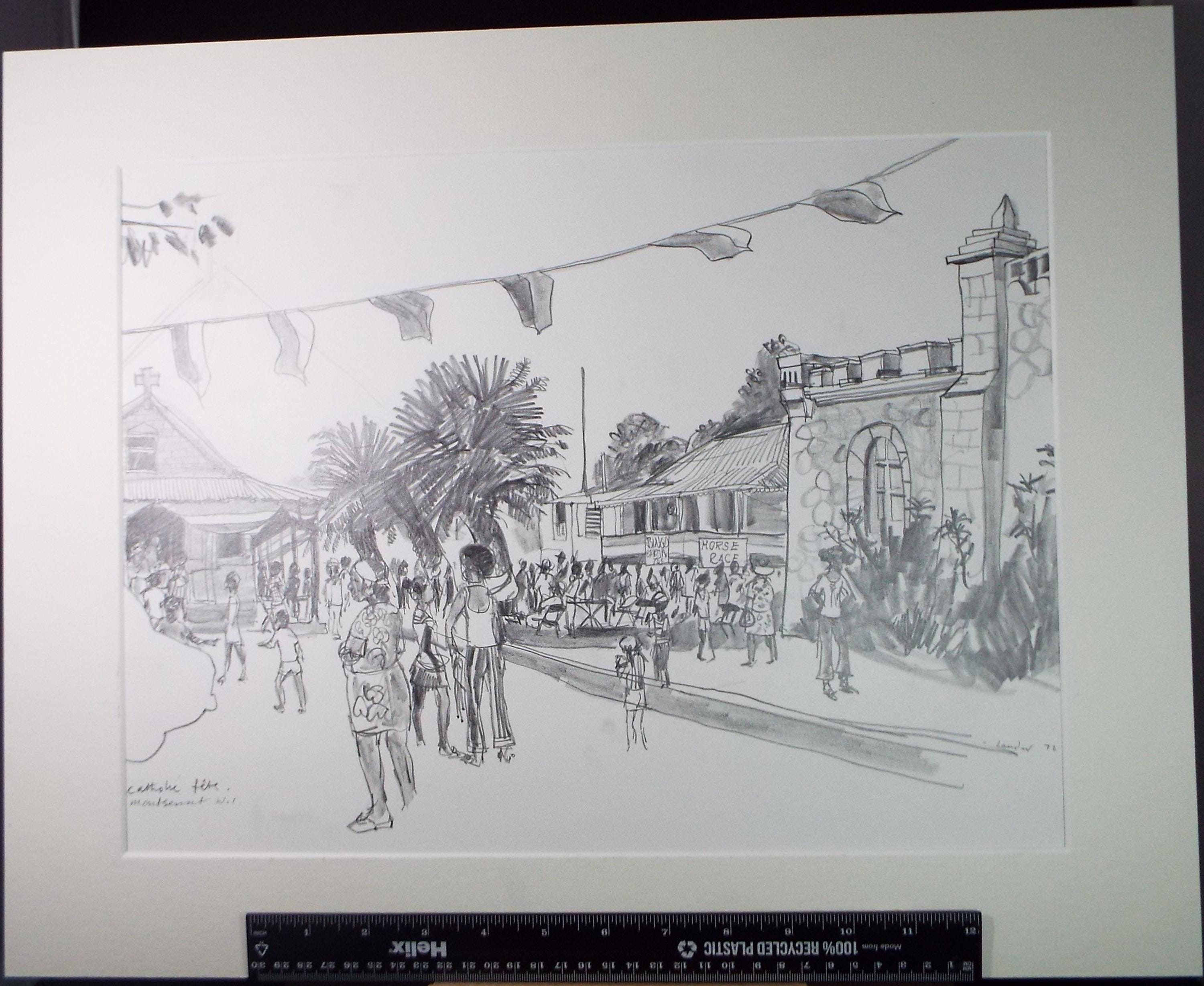 Original Pencil Drawing, circa 1972, 'Catholic Fete Montserrat', Pamela Lander