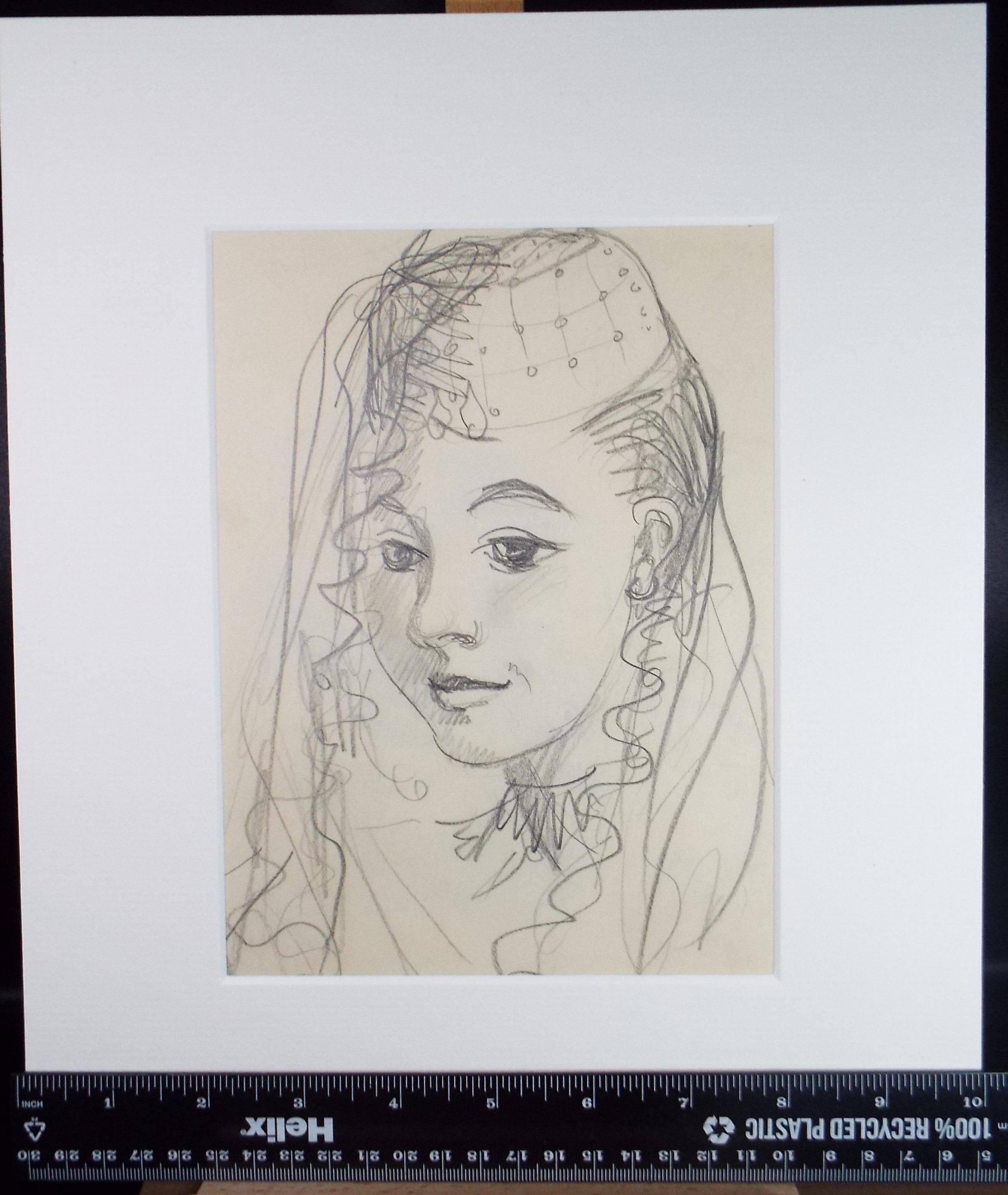 Original pencil drawing, 'Portrait of a Woman', unknown artist, circa 1960's