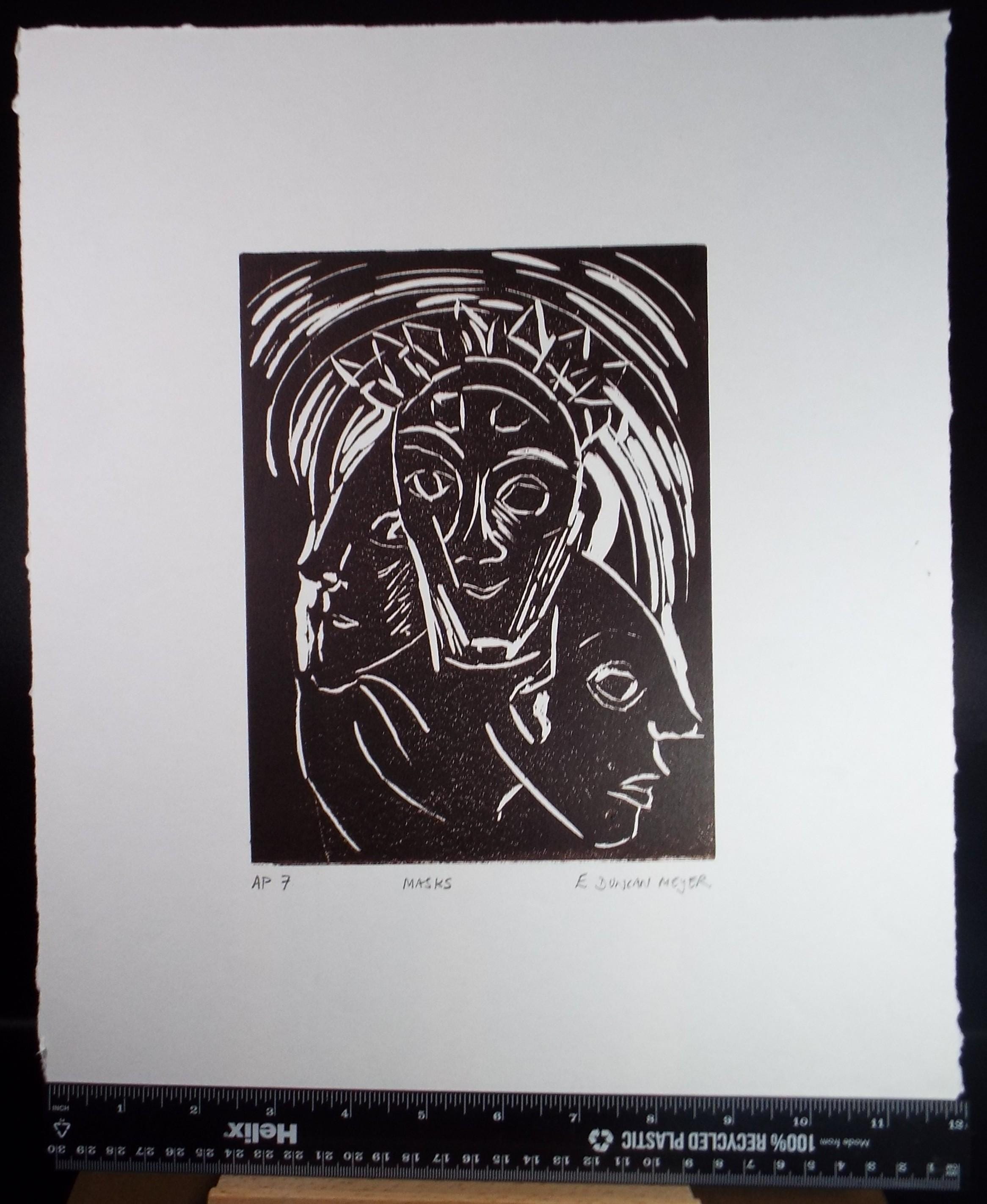 Limited Edition Linocut 'Masks', Elizabeth Duncan Meyer (b1942), signed and numbered