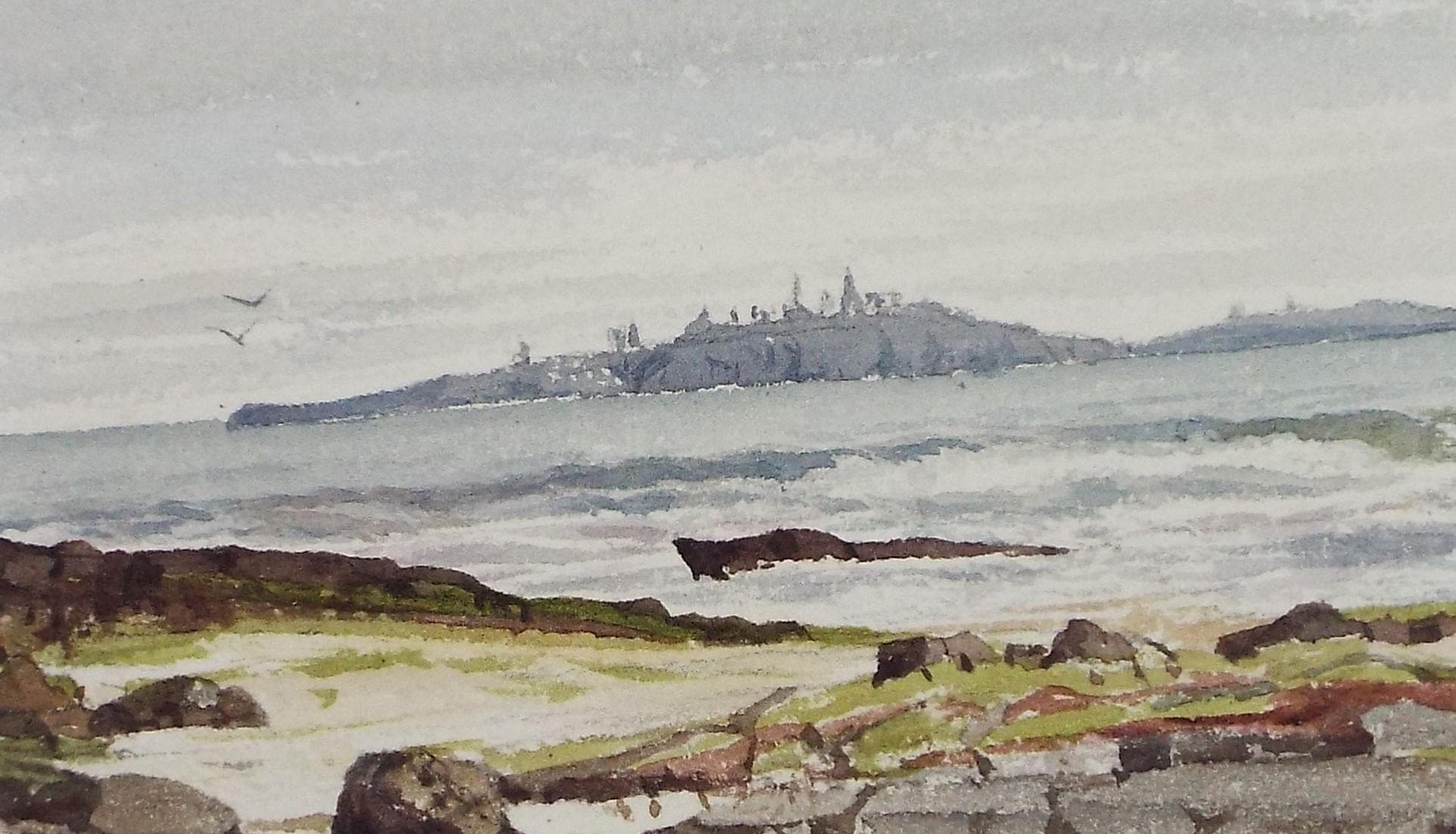 Original Watercolour, 'Rocky shore with distant island', unknown artist, Late 19th Century