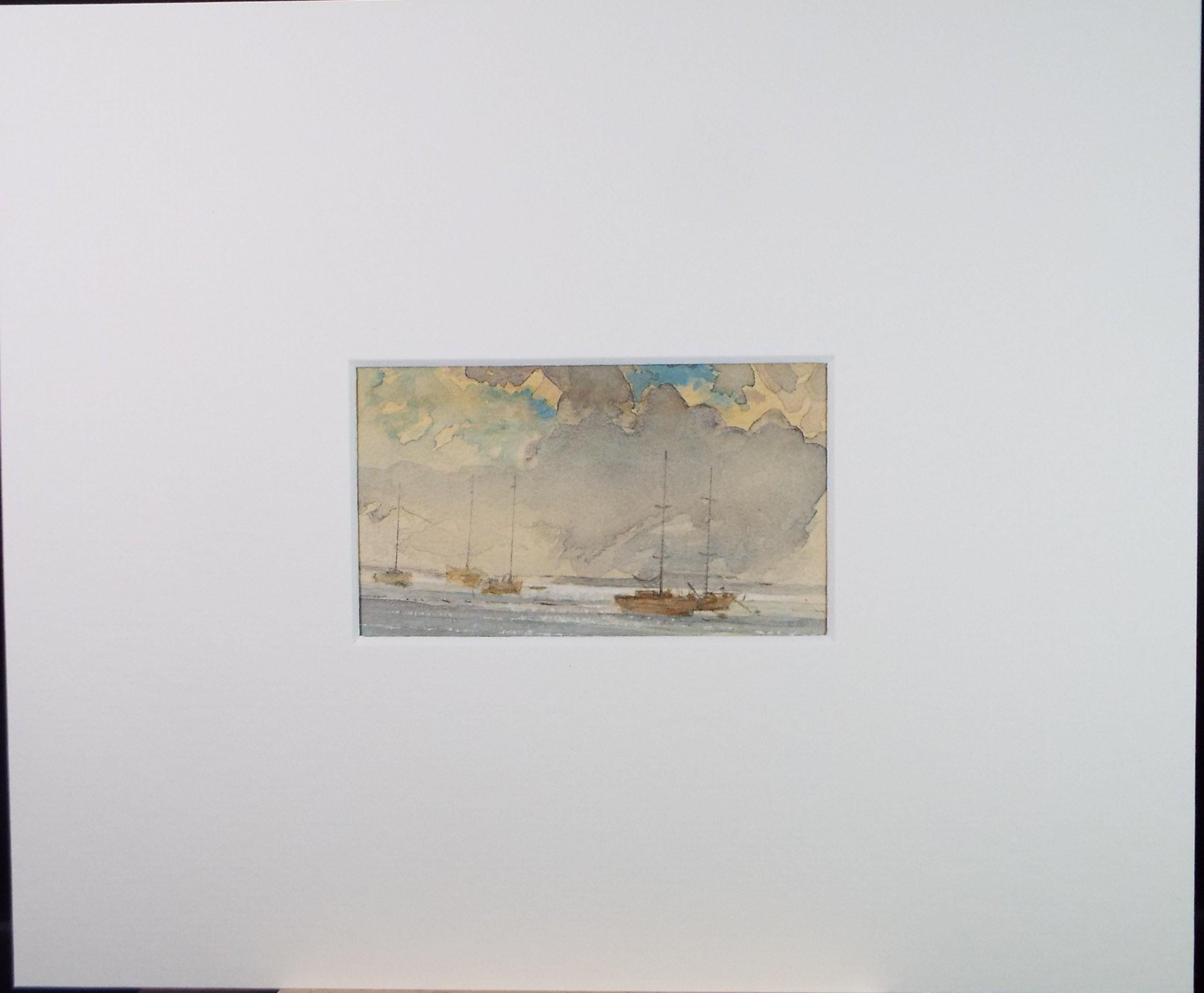 Original Watercolour, 'Moored boats under a stormy sky', Dated 1985, H F Hart