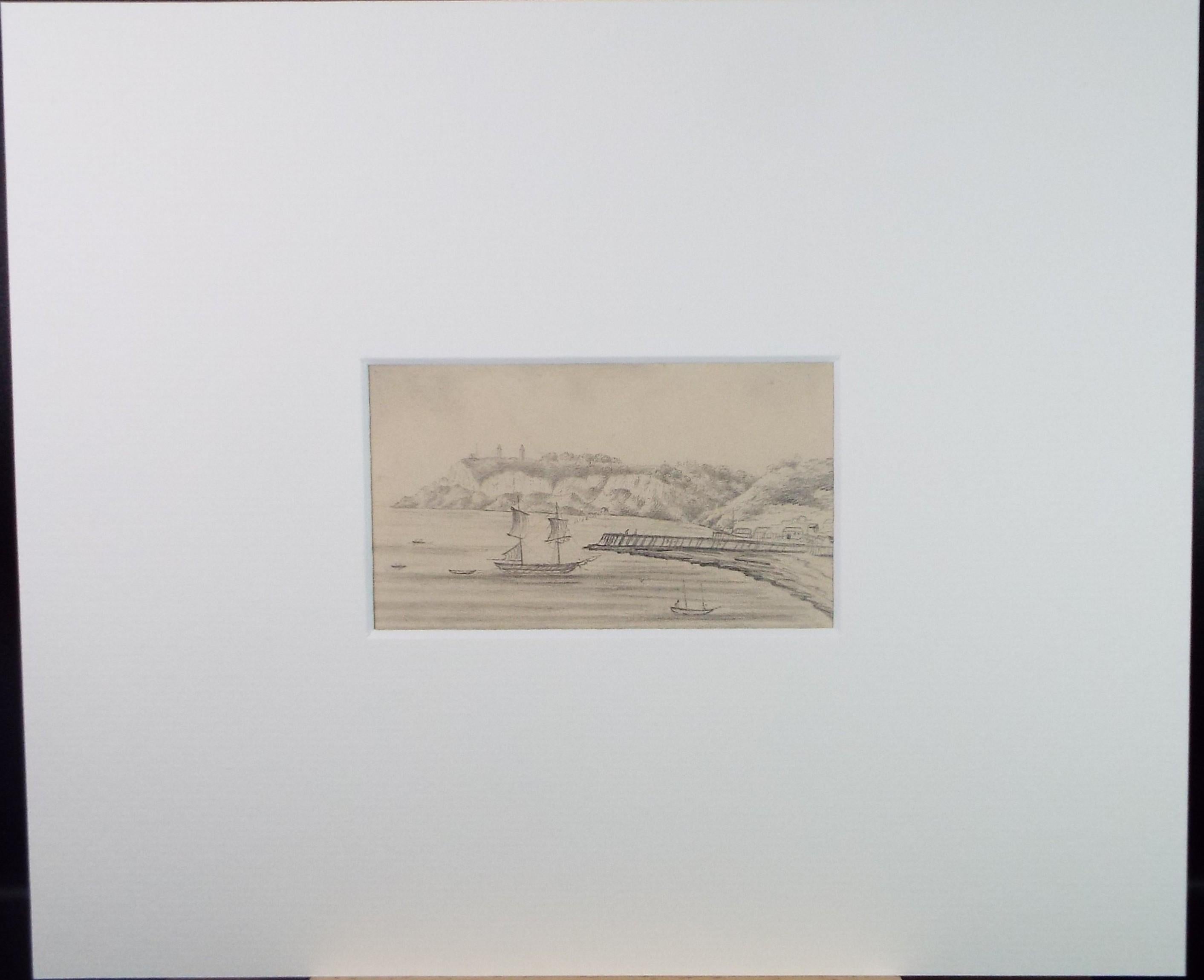 Antique Pencil drawing: Tall ship anchored, Late 19th Century