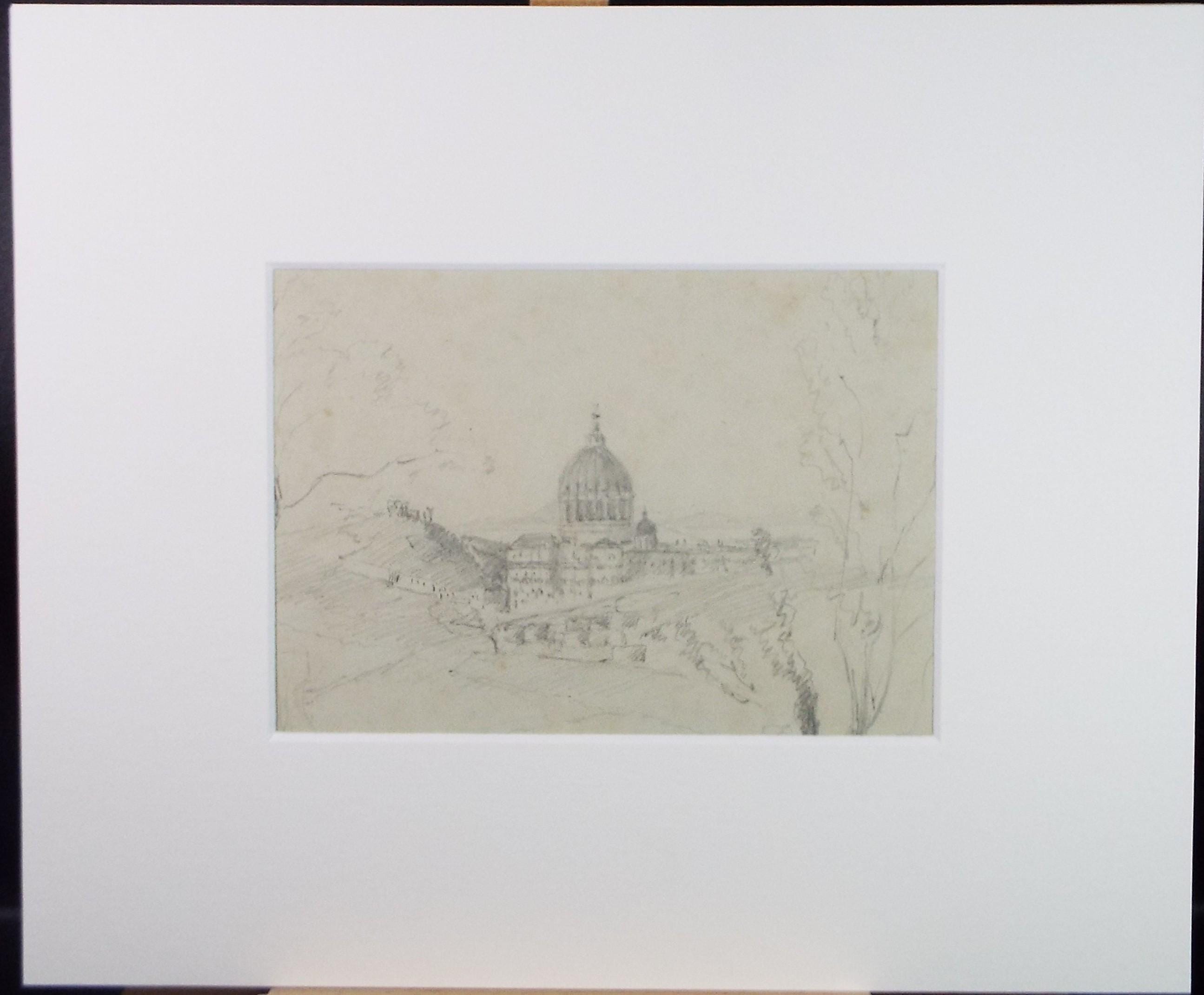 Original Pencil Drawing 'Domed building in a Landscape', Late 19th Century