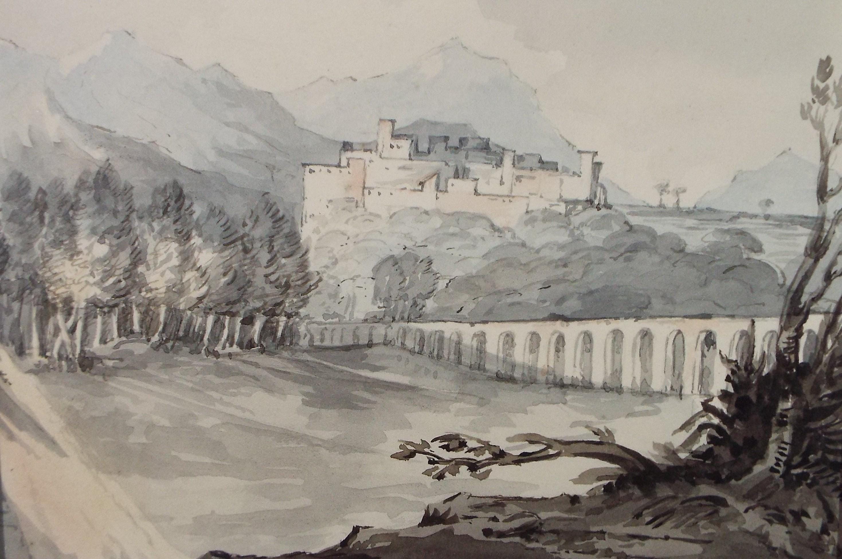 Original Watercolour, 'Aquaduct in a Landscape', Unknown artist, Late 19th Century