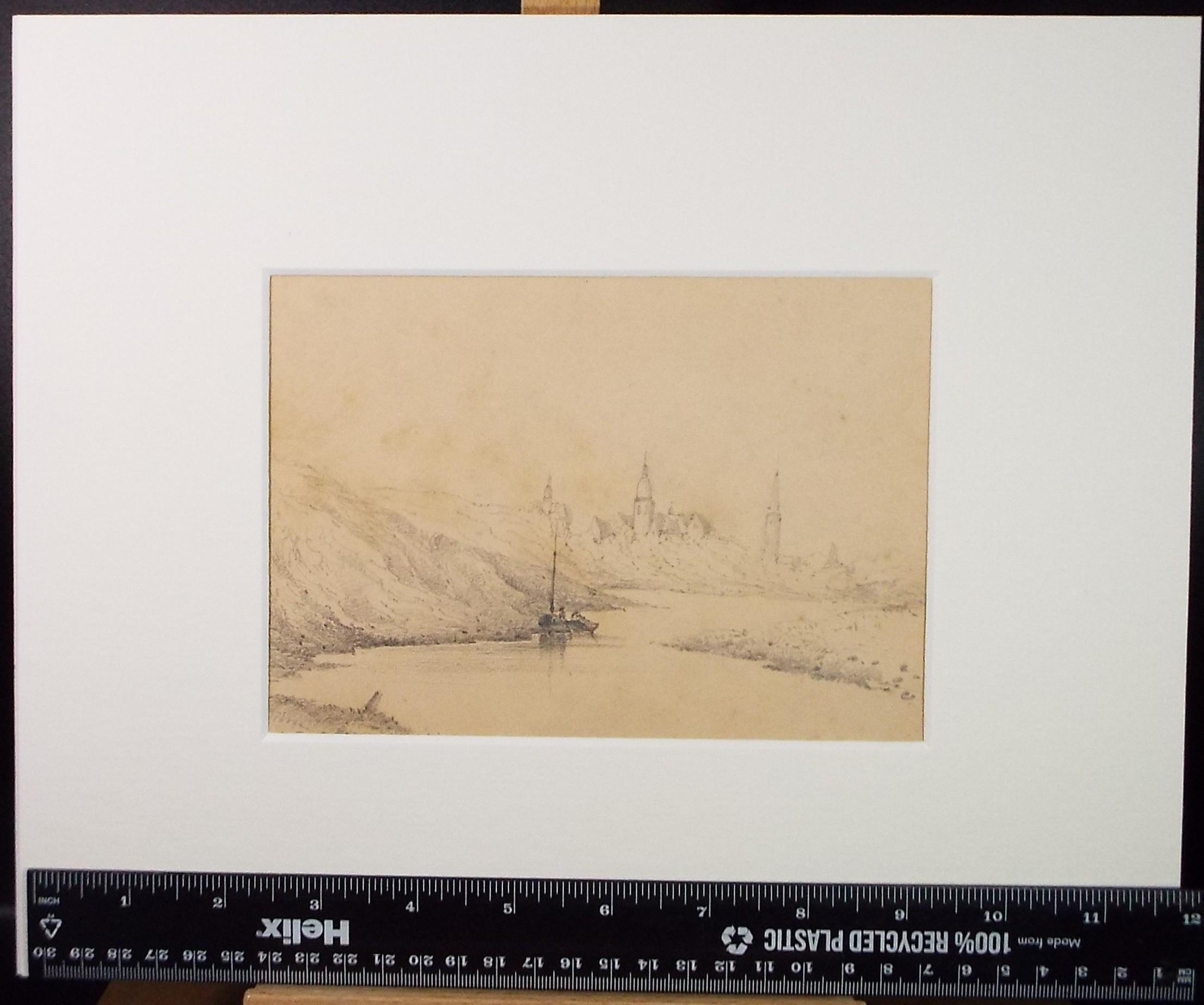 Pencil Drawing,'On the Rhine', Mid 19th Century, Unknown Artist