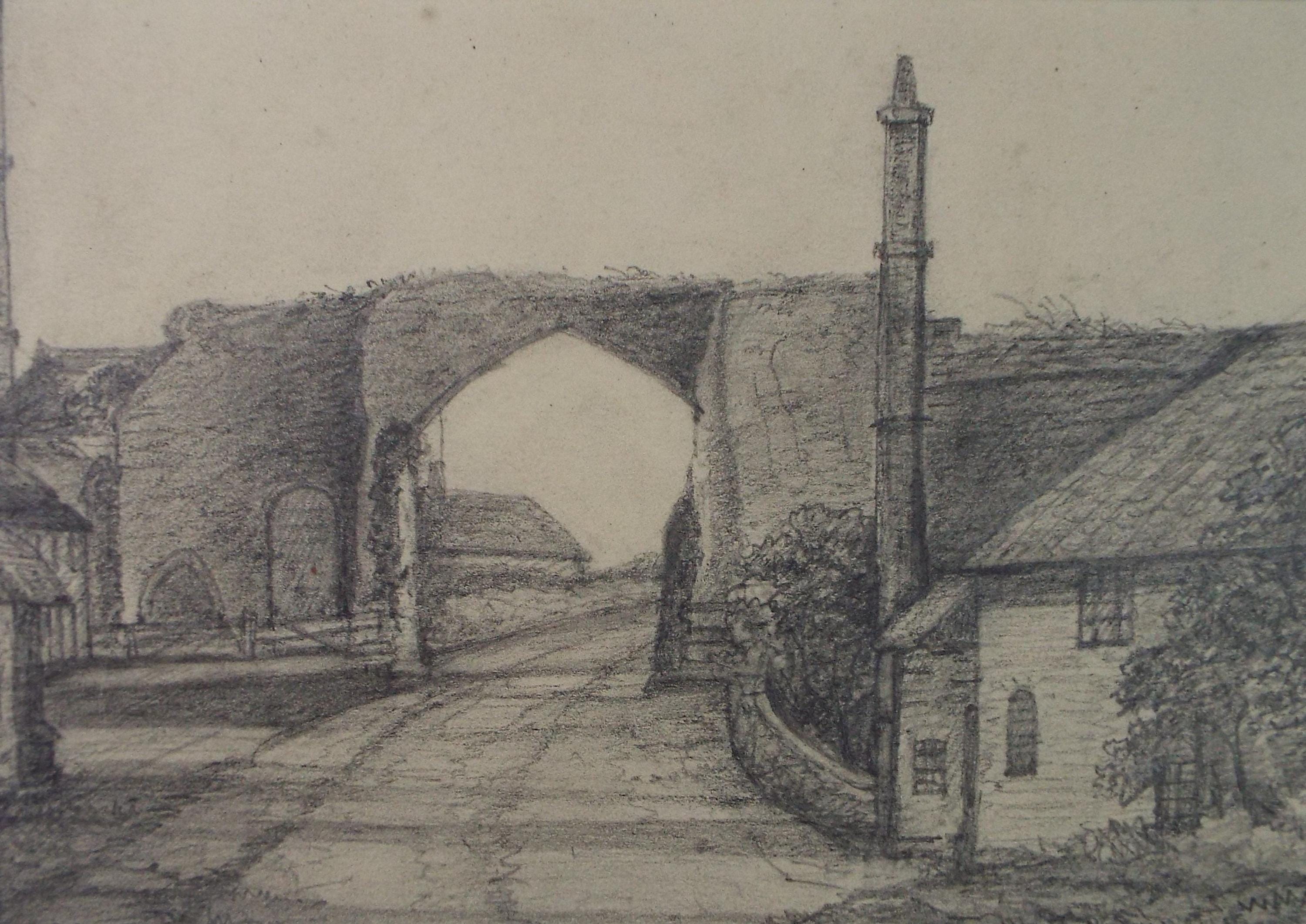 Original Pencil drawing, 'Gateway, Bacton Abbey', Dated 1879, artist unknown
