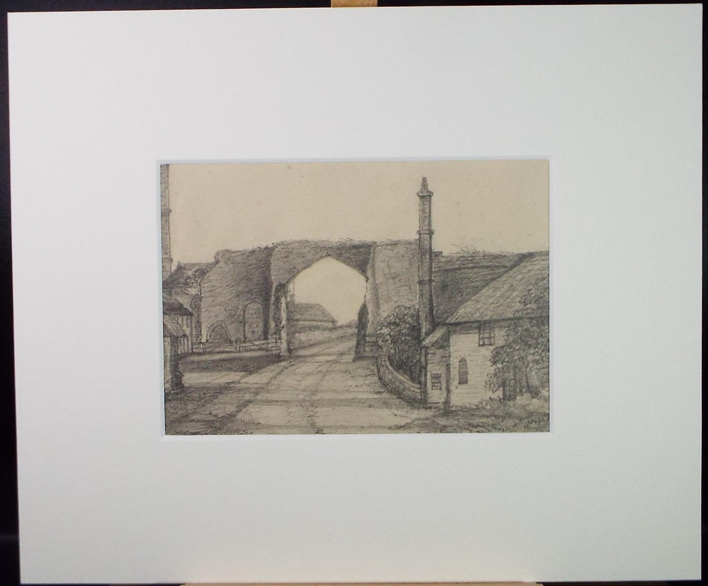 Original Pencil drawing, 'Gateway, Bacton Abbey', Dated 1879, artist unknown
