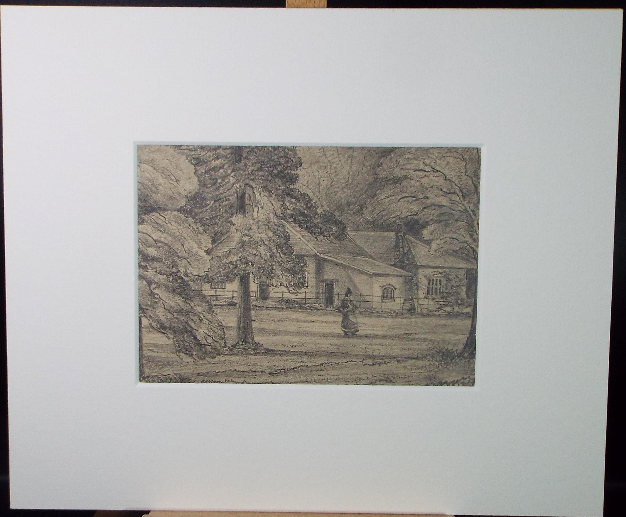 Original Pencil drawing, 'Lodge with figure', Circa 1870's, artist unknown