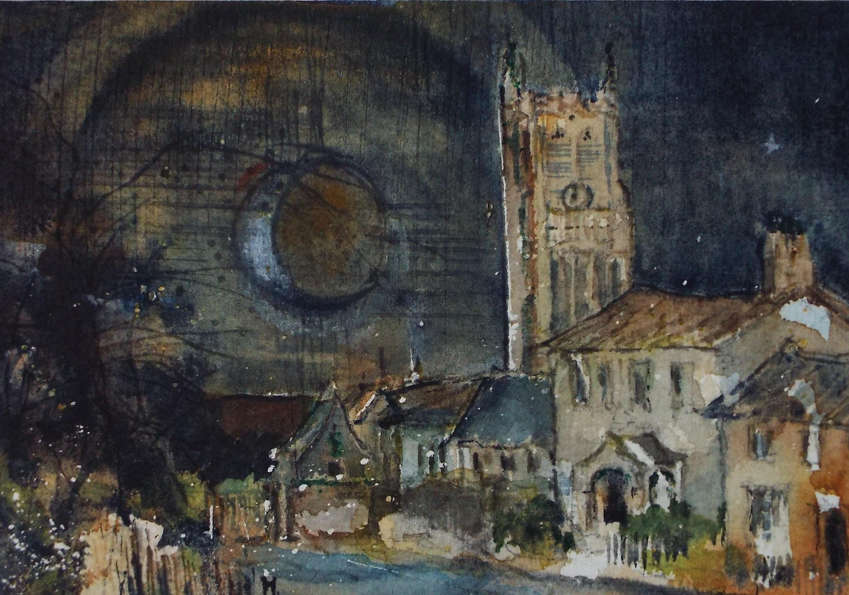 Original watercolour, 'Highstreet', Artist unknown, circa 1990's