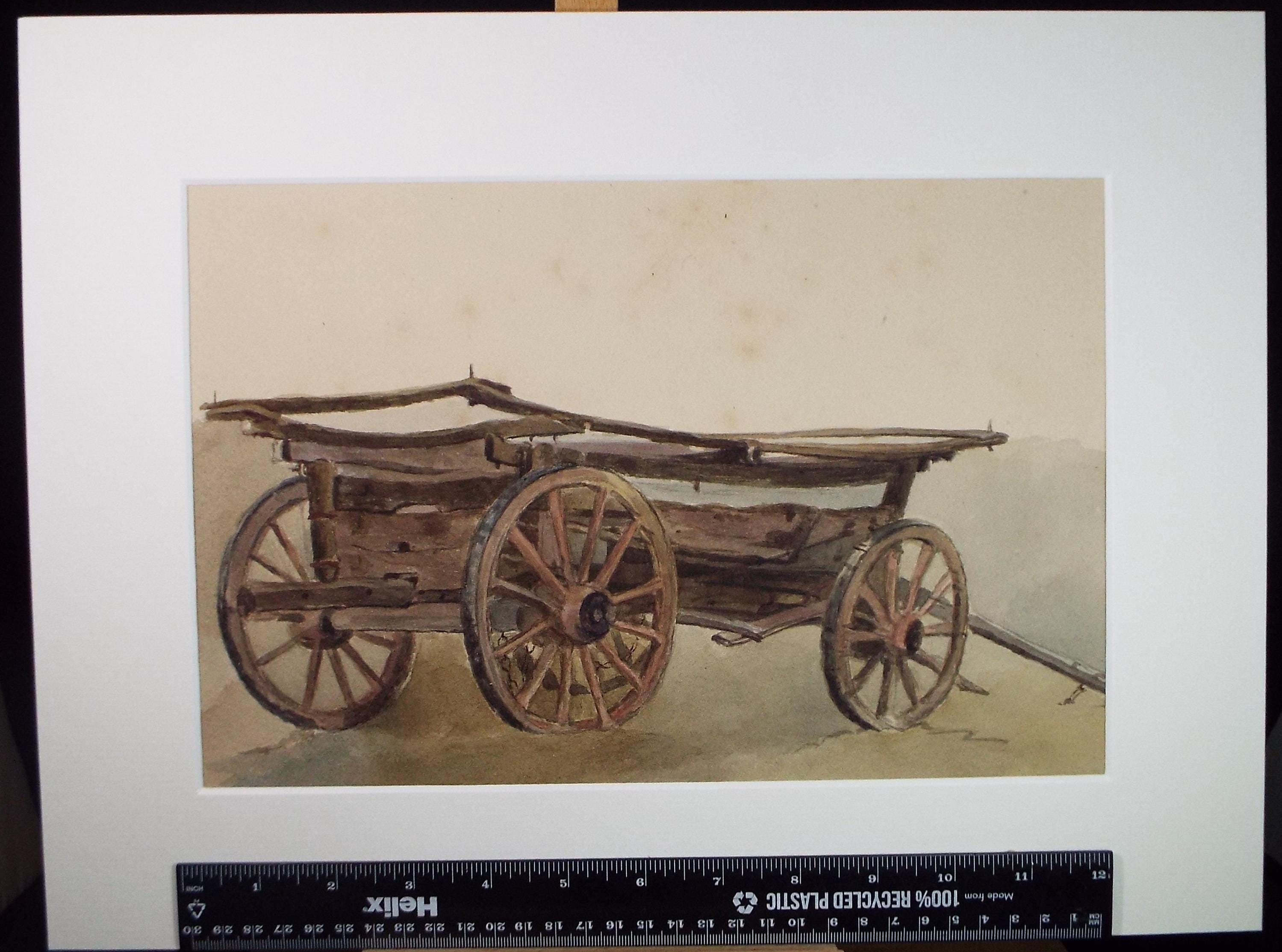 Vintage 'Cart Study' Watercolour Painting, Late 19th Century, Mounted