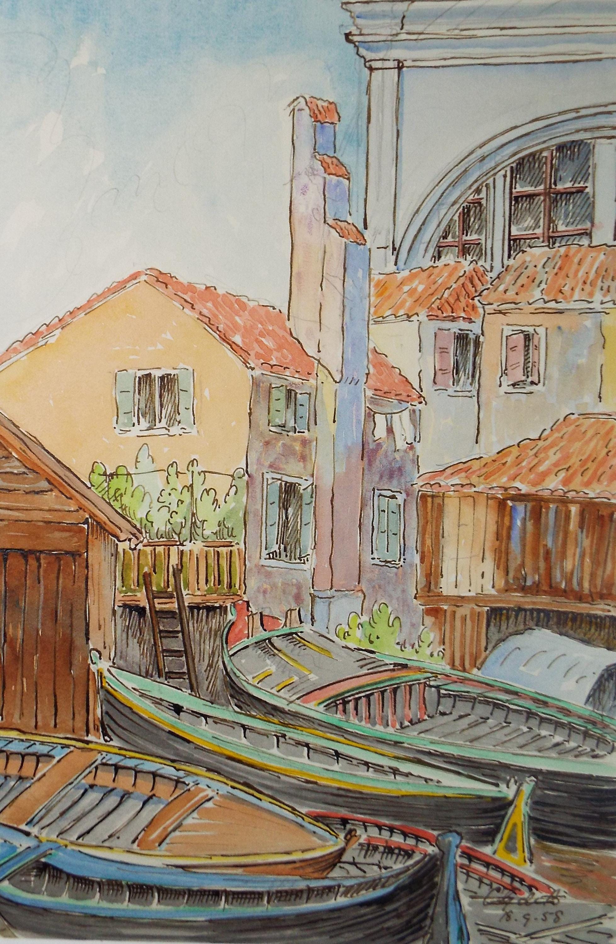 Original Watercolour & ink, 'Italian Streetscape', Cicely Glyn de Beers (1891-1973), Dated 1958