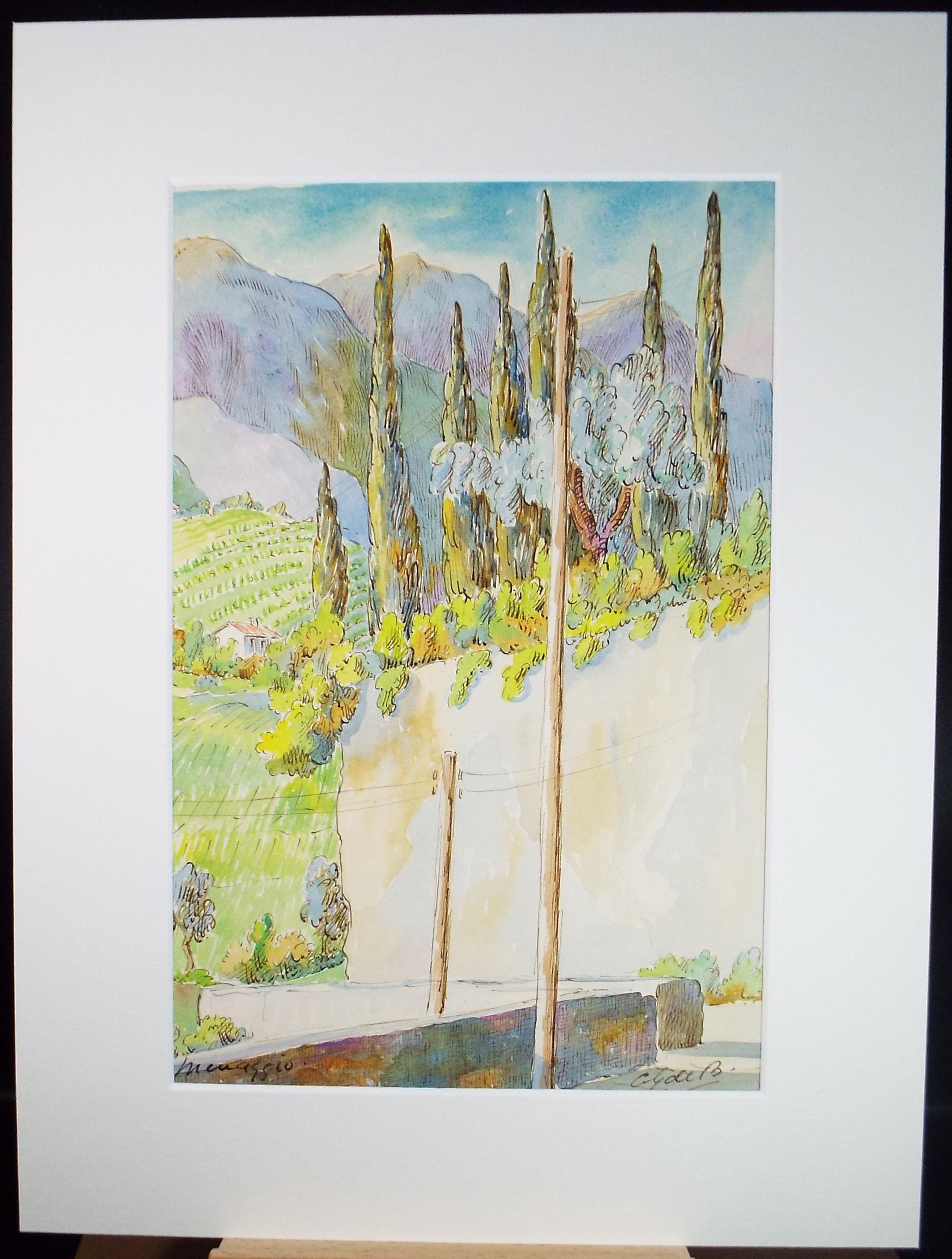 Original Watercolour & ink, 'Menaggio, Italy', Cicely Glyn de Beers (1891-1973), Dated 1957