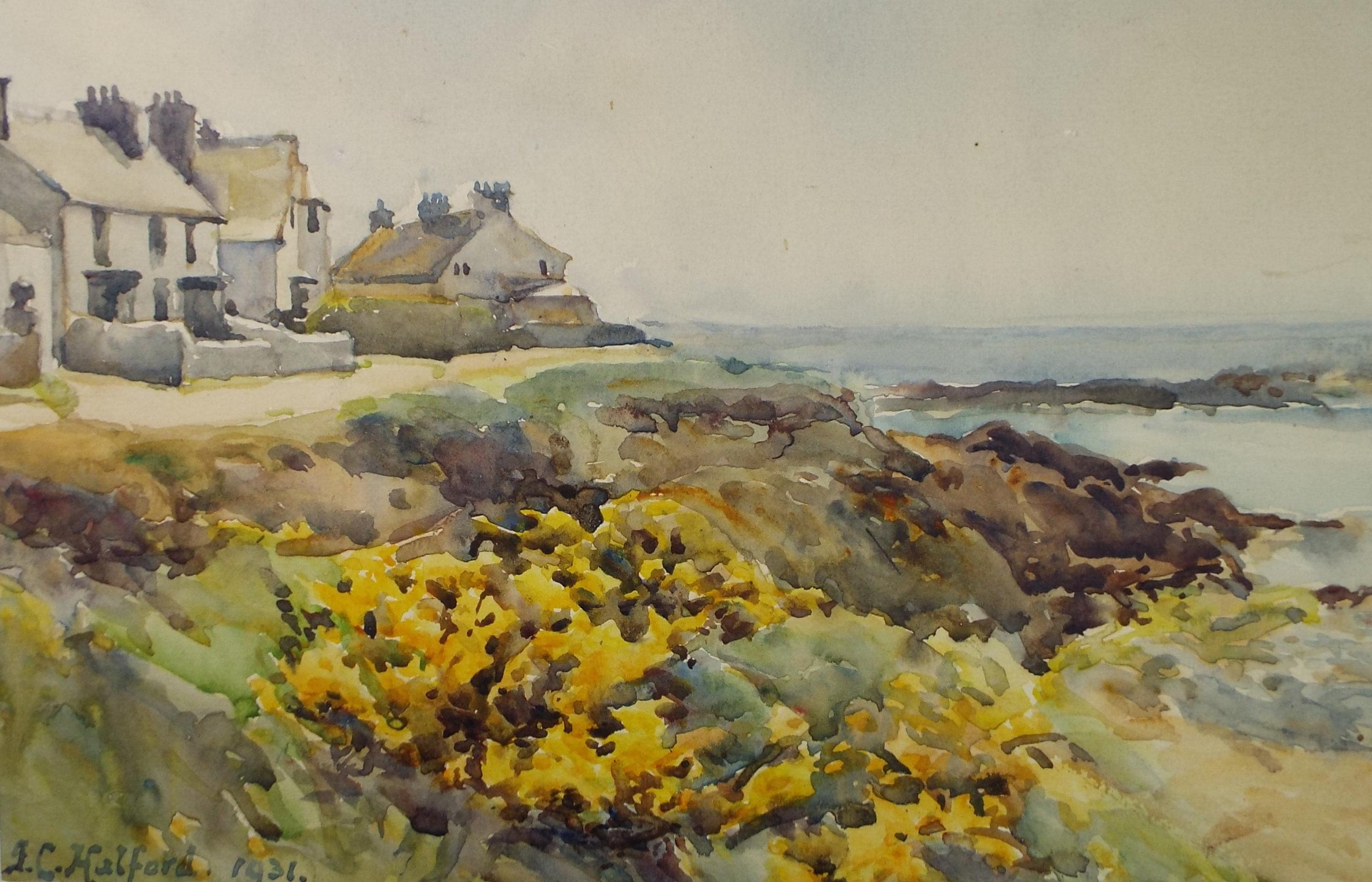 Original Watercolour, 'Fishing Village with Gorse', J C Halford, Dated 1931