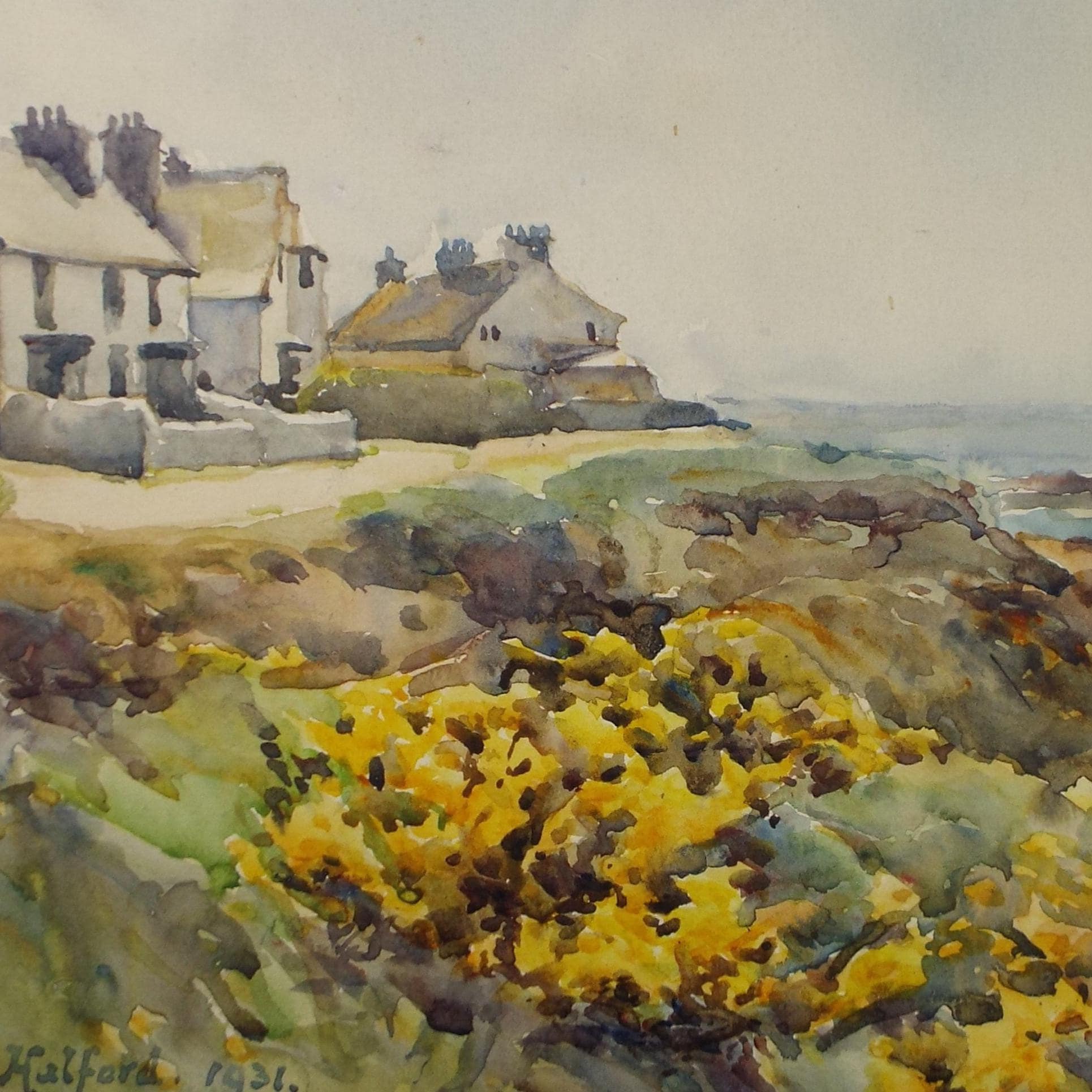 Original Watercolour, 'Fishing Village with Gorse', J C Halford, Dated 1931