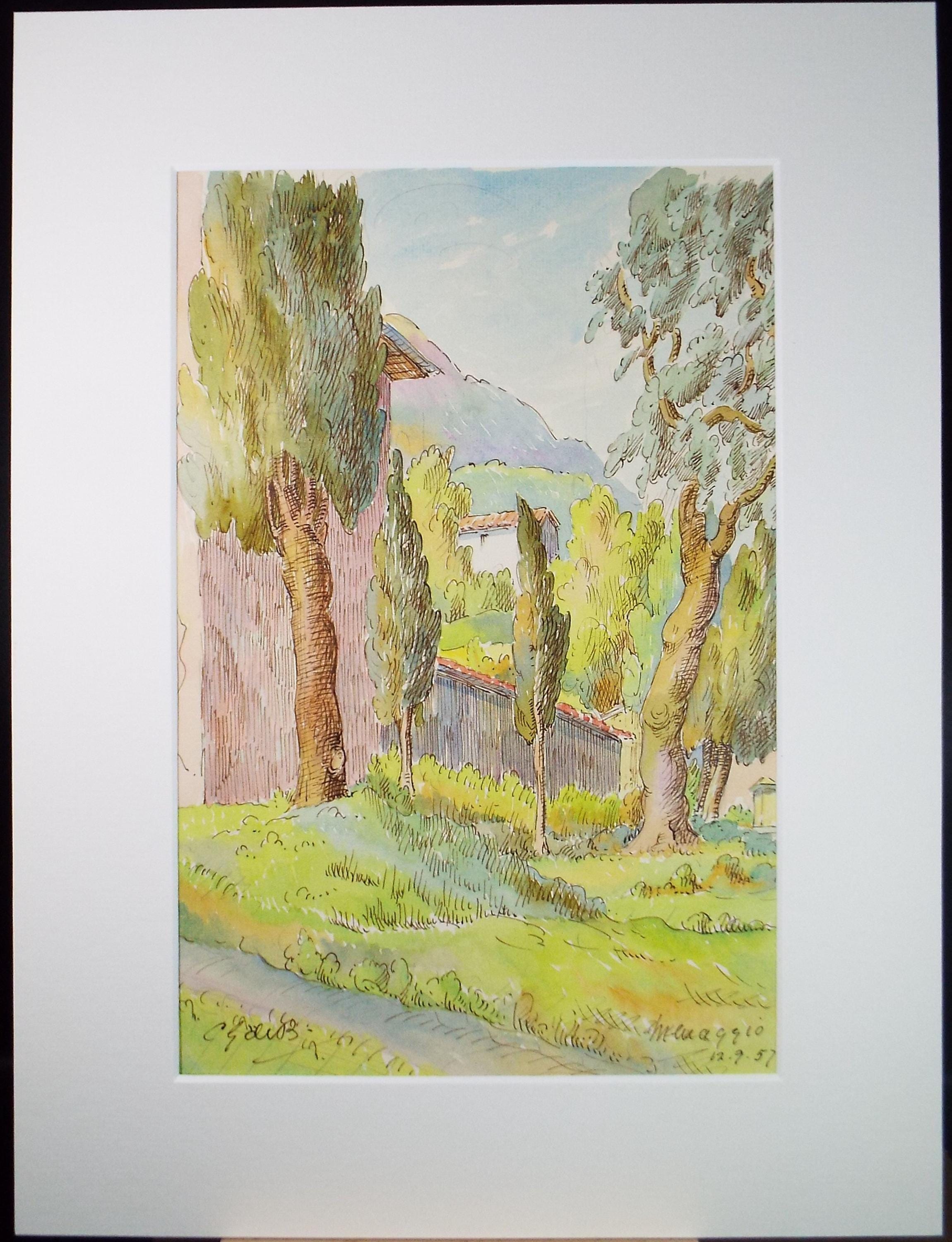 Original Watercolour & ink, 'Menaggio, Italy', Cicely Glyn de Beers (1891-1973), Dated 1957