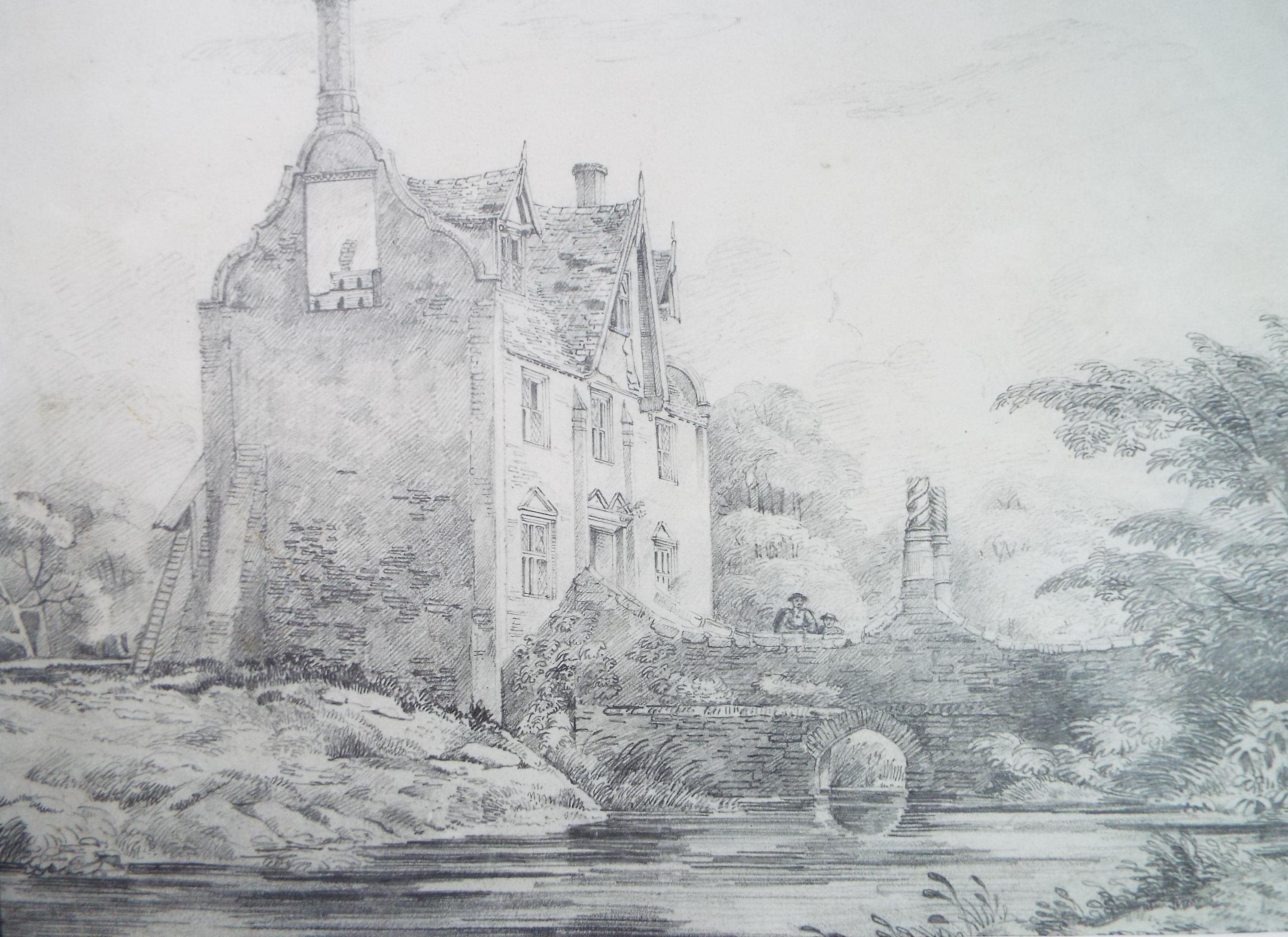 Original pencil drawing 'Country House with river and figures', Late 19th Century, Artist Unknown