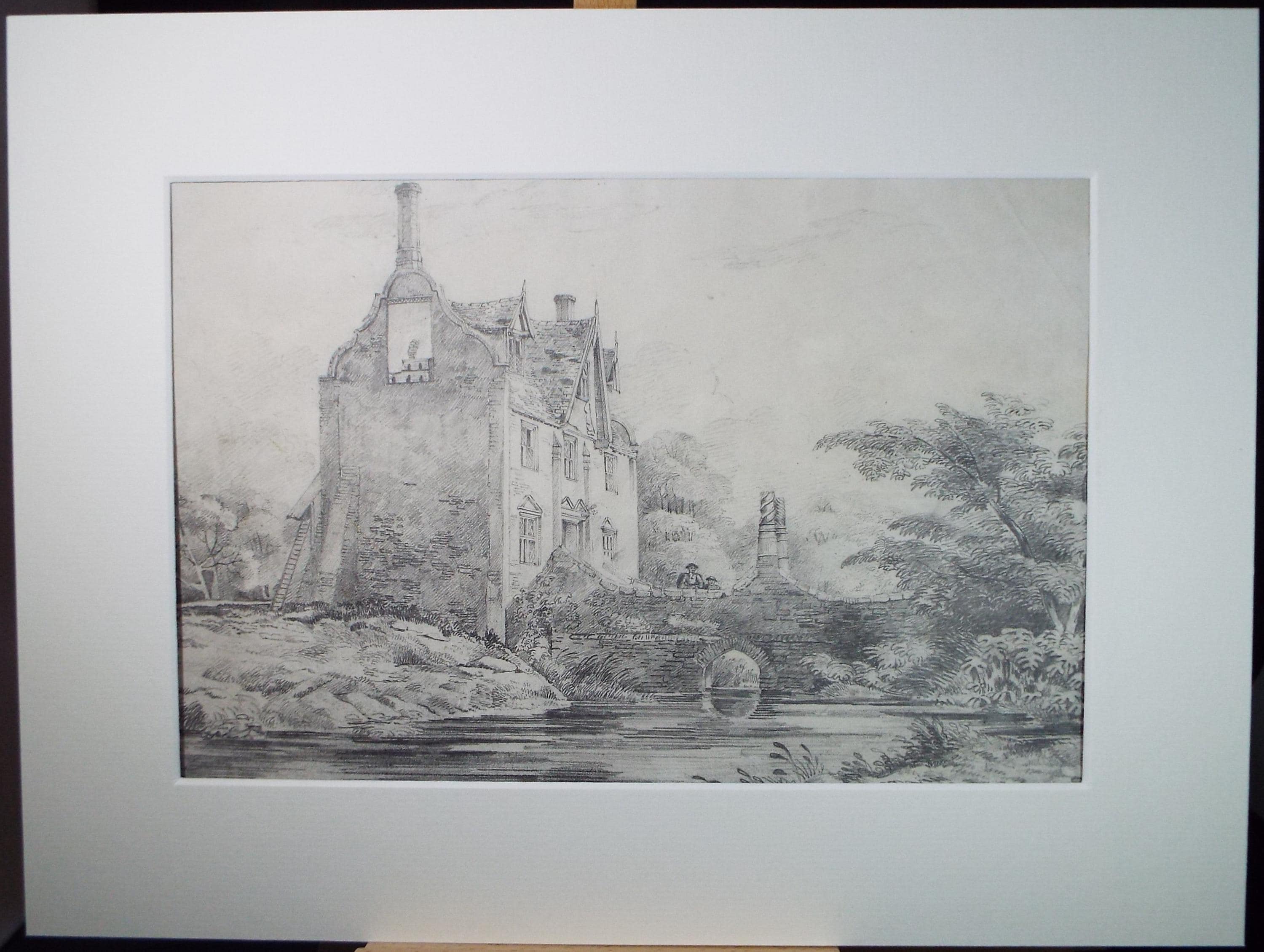 Original pencil drawing 'Country House with river and figures', Late 19th Century, Artist Unknown