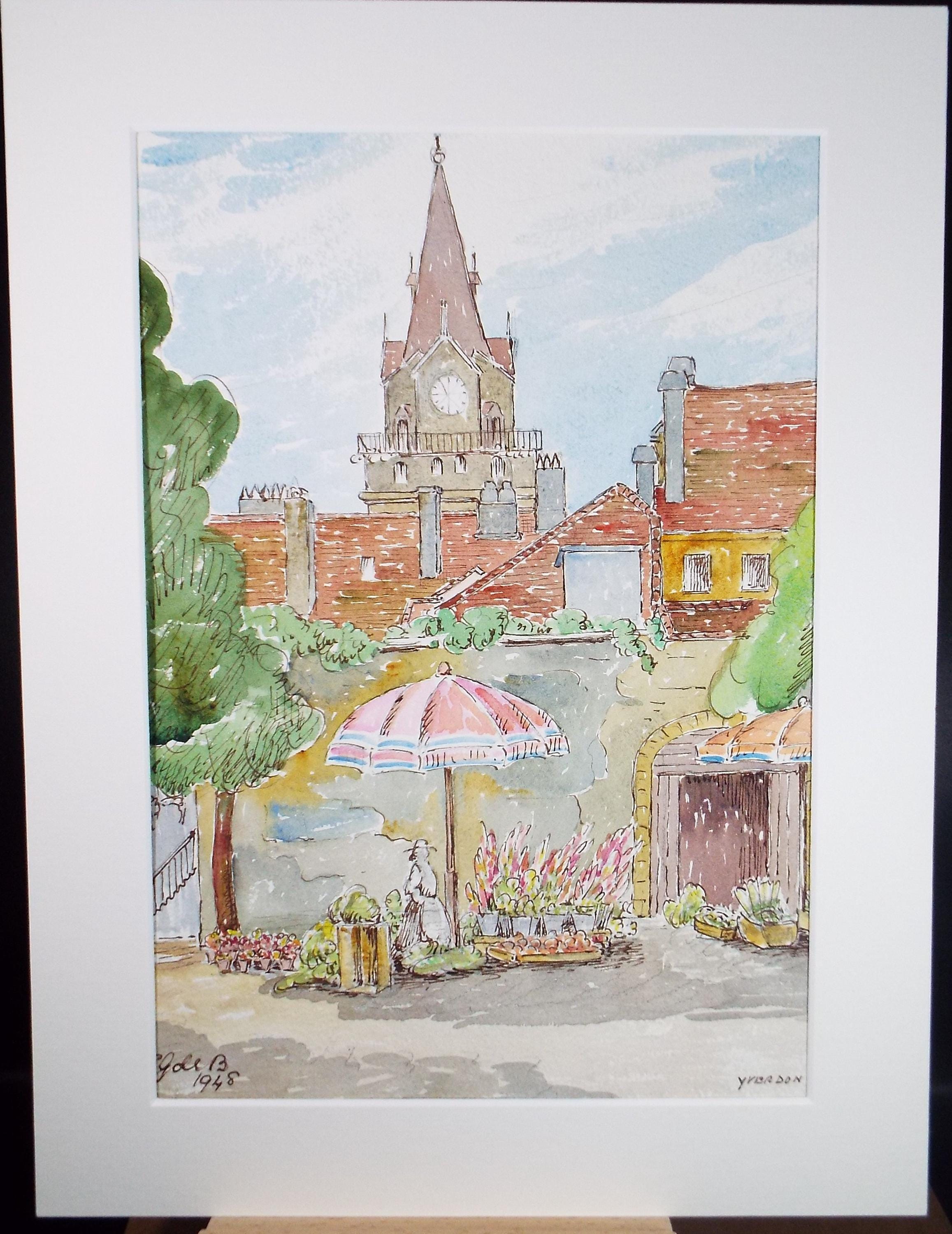 Original Watercolour & Ink , 'Yverdon-les-Bains', Cicely Glyn de Beers (1891-1973), Dated 1948