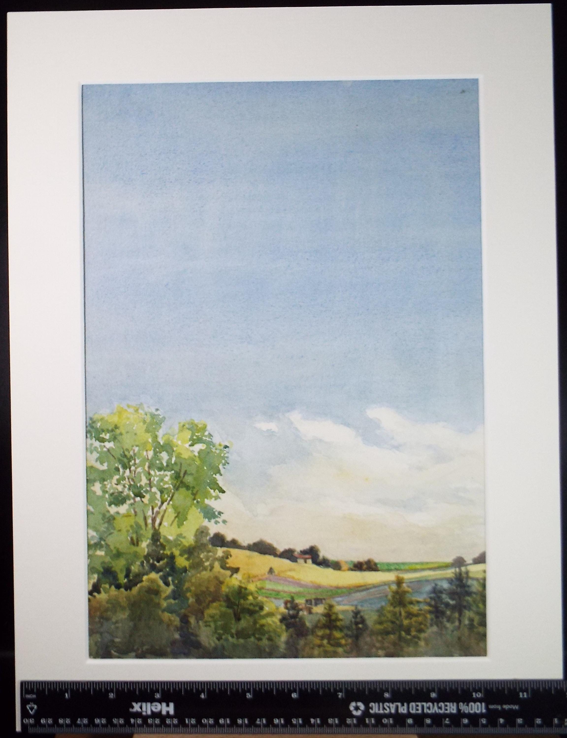 Original Watercolour, 'Blue sky above a Landscape', Circa 1950's, Unknown Artist
