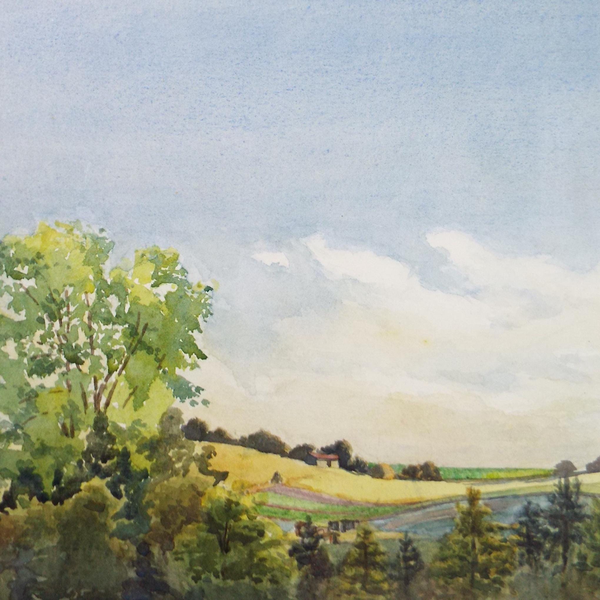 Original Watercolour, 'Blue sky above a Landscape', Circa 1950's, Unknown Artist