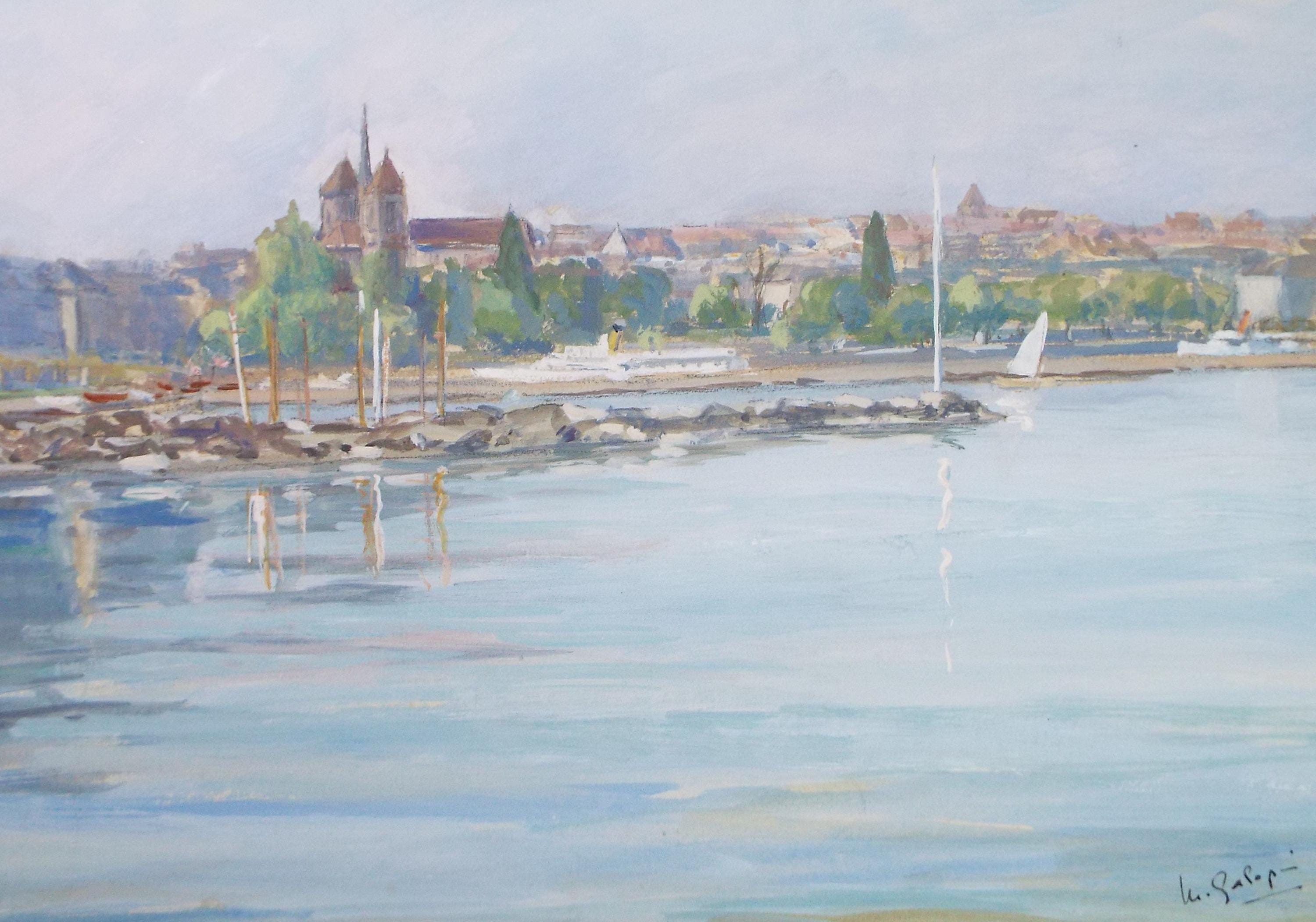 Original Watercolour & Gouache, 'Coastal Town', c1960's, indistinctly signed