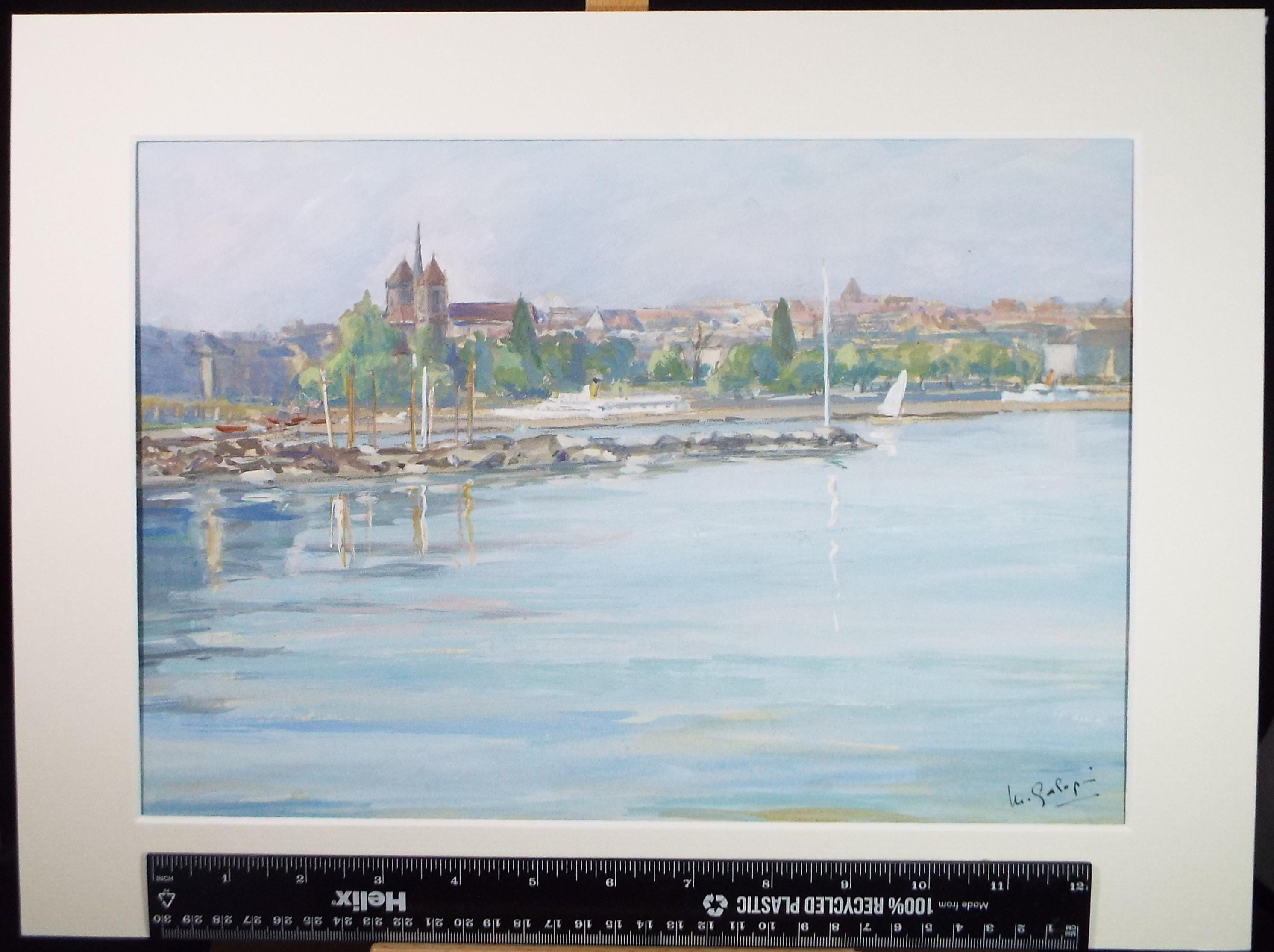 Original Watercolour & Gouache, 'Coastal Town', c1960's, indistinctly signed