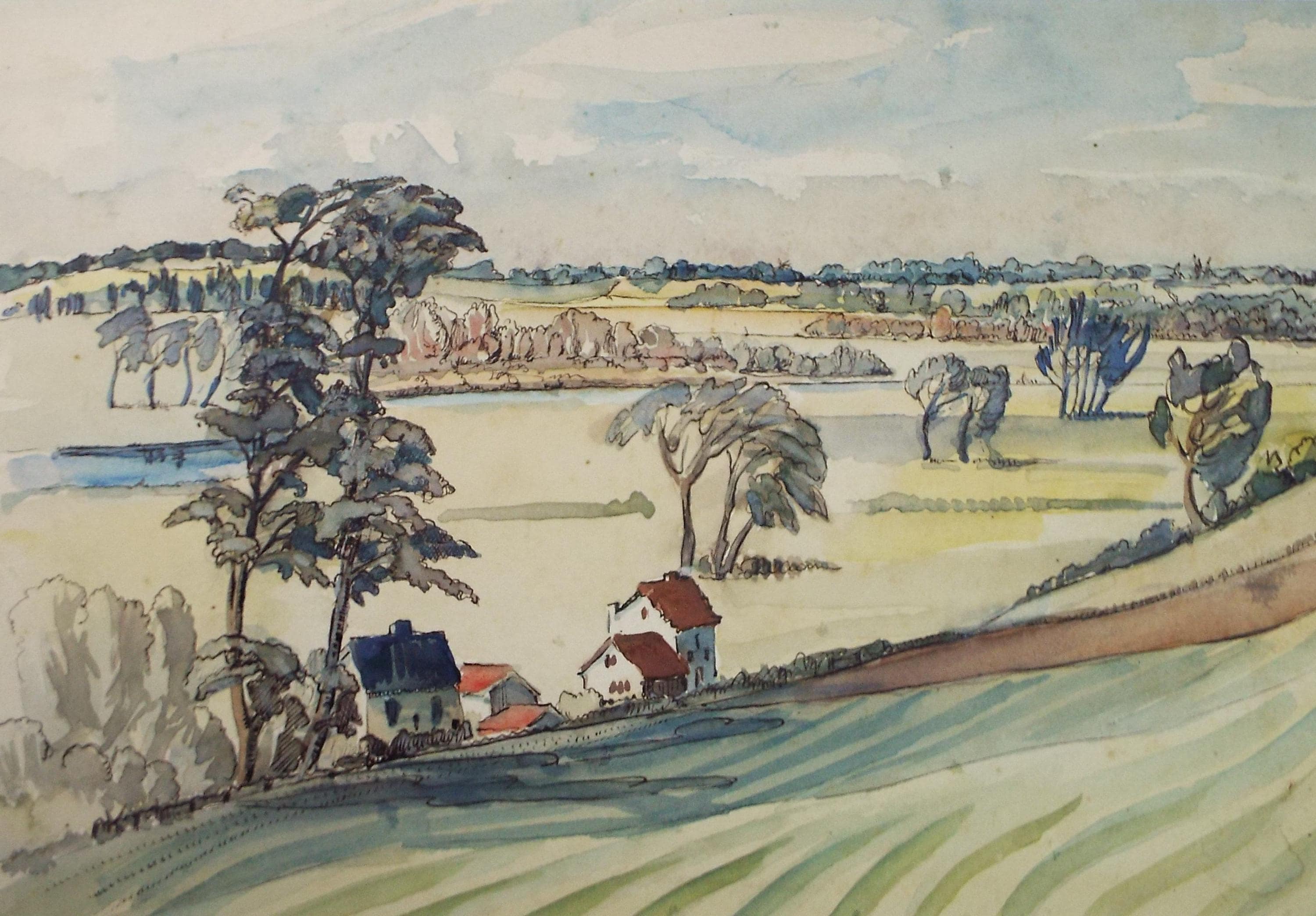 Original Watercolour, 'Farming Landscape', circa 1950's, Artist Unknown