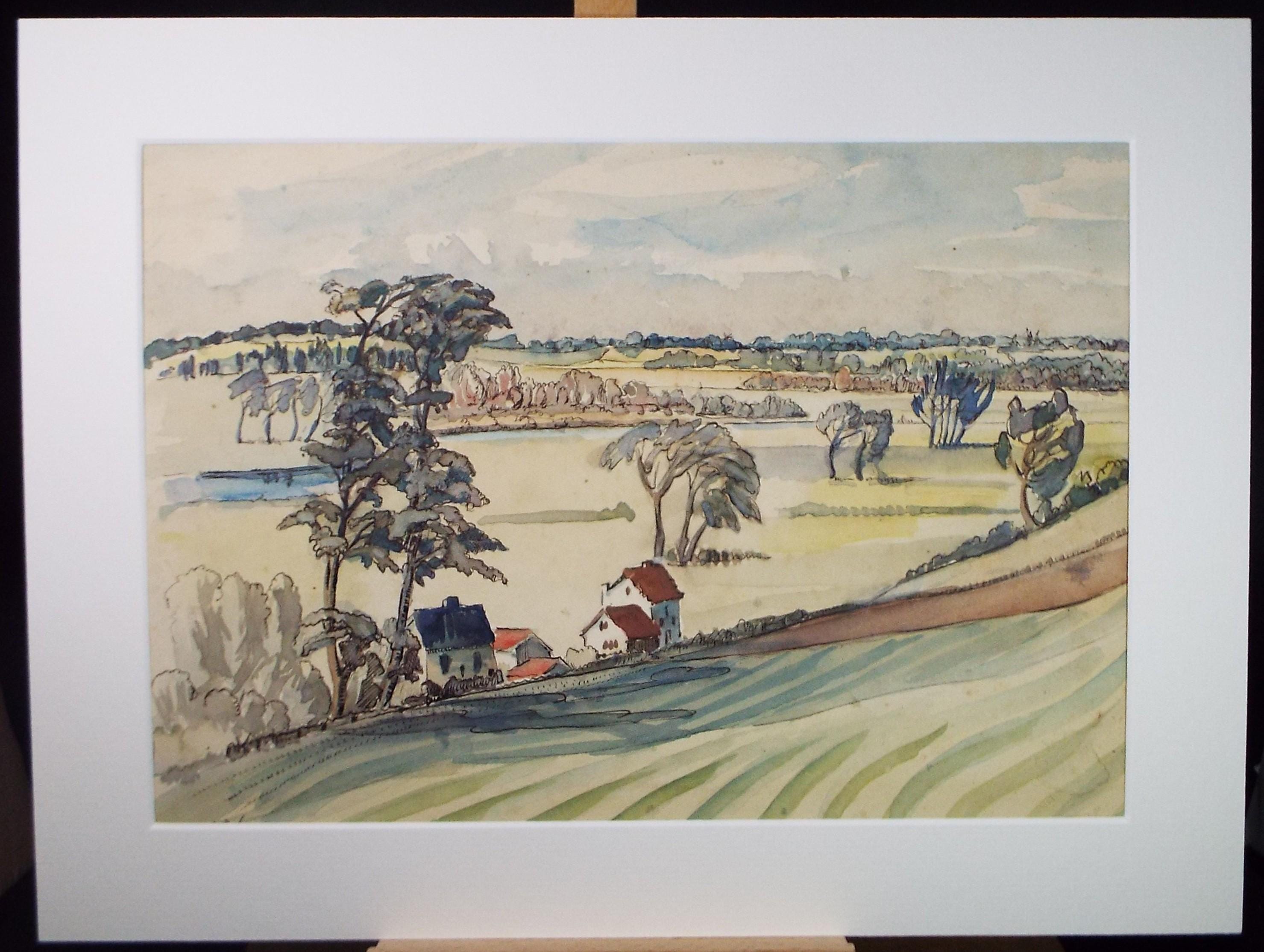 Original Watercolour, 'Farming Landscape', circa 1950's, Artist Unknown
