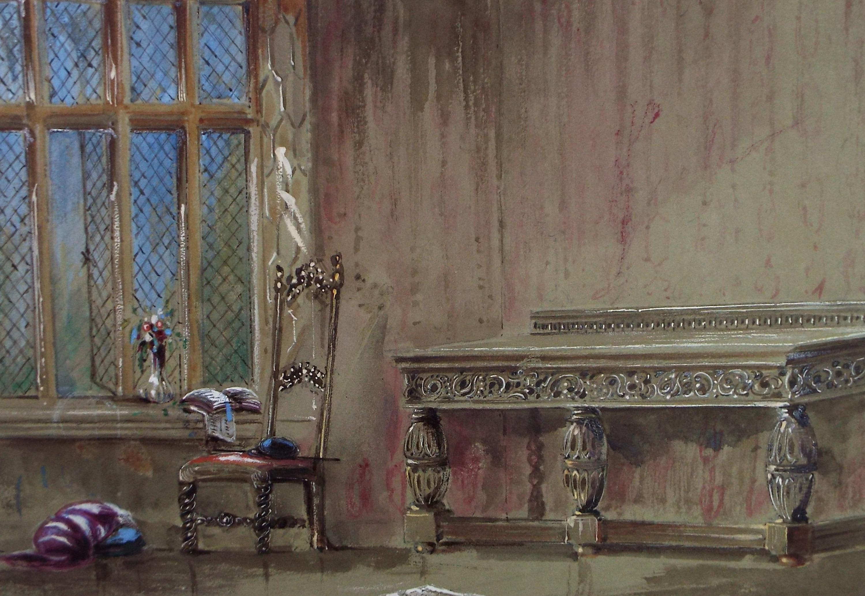Original Watercolour, 'Tudor Interior', Artist unknown, circa 1900