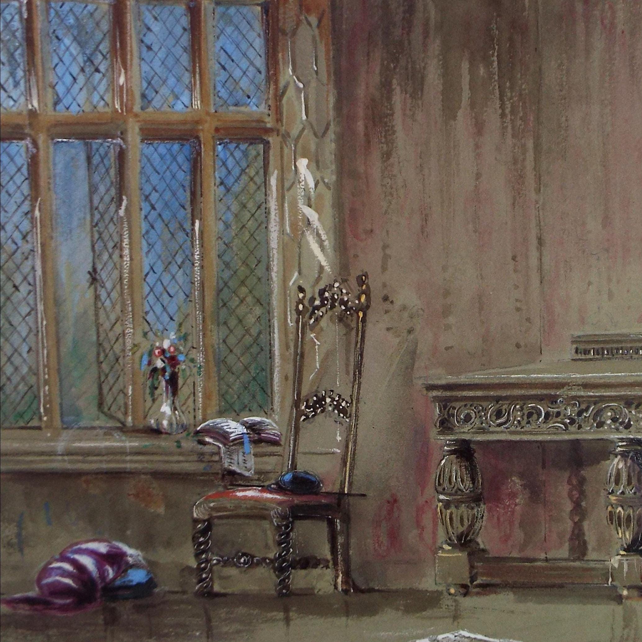 Original Watercolour, 'Tudor Interior', Artist unknown, circa 1900