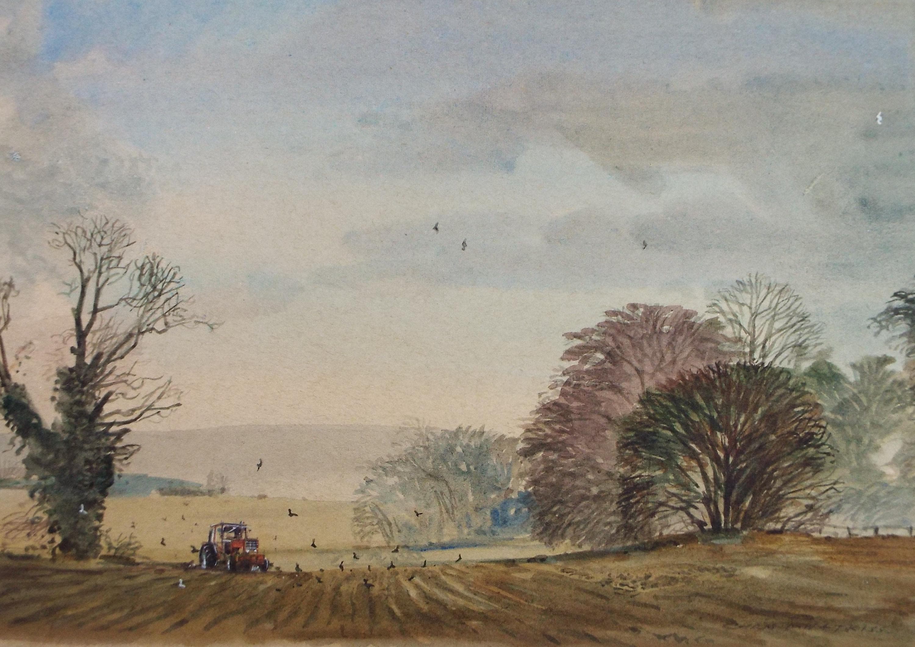 Original Watercolour, 'Autumn ploughing' - Unknown Artist, 1970's
