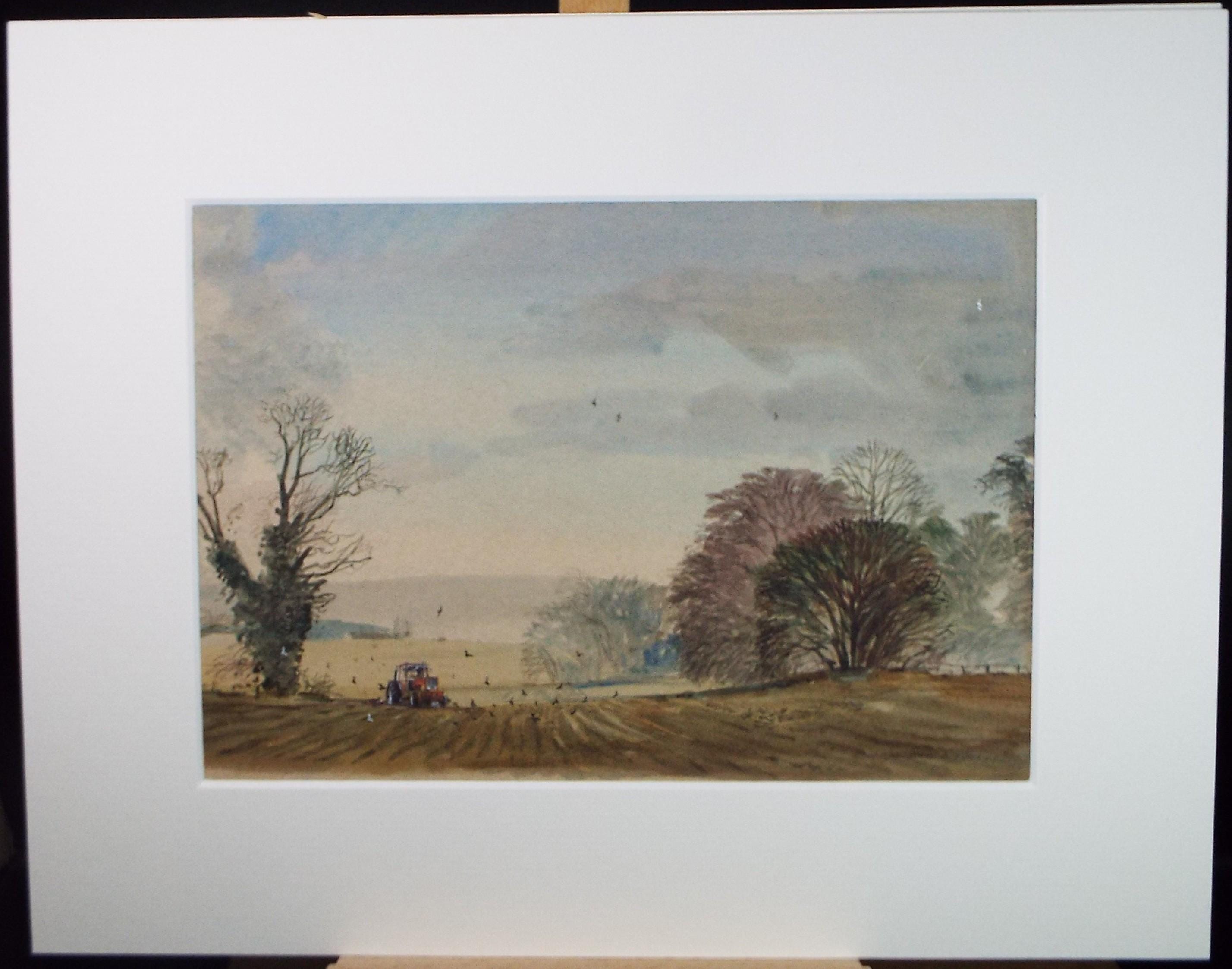 Original Watercolour, 'Autumn ploughing' - Unknown Artist, 1970's
