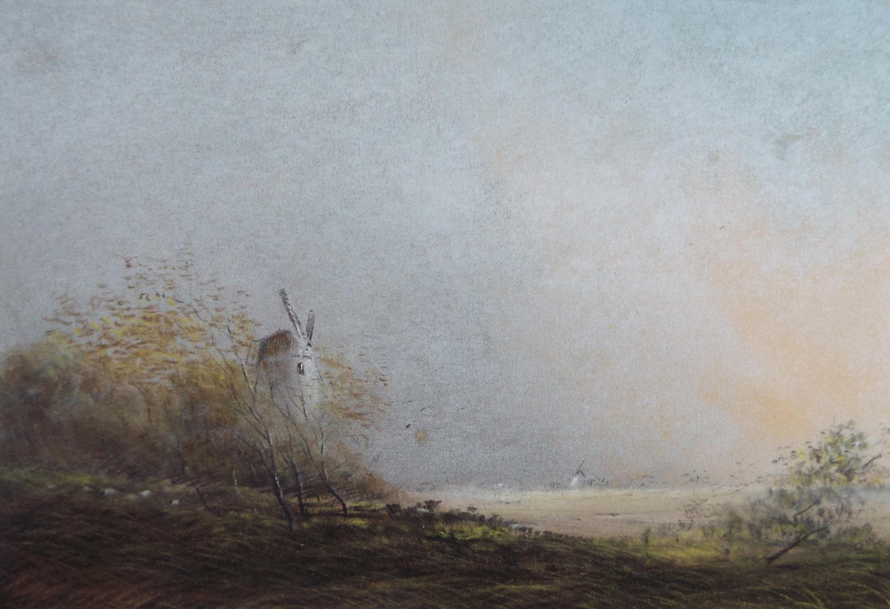 Original pastel Drawing, 'Misty Morning with Windmill', Early 20th Century, Artist Unknown