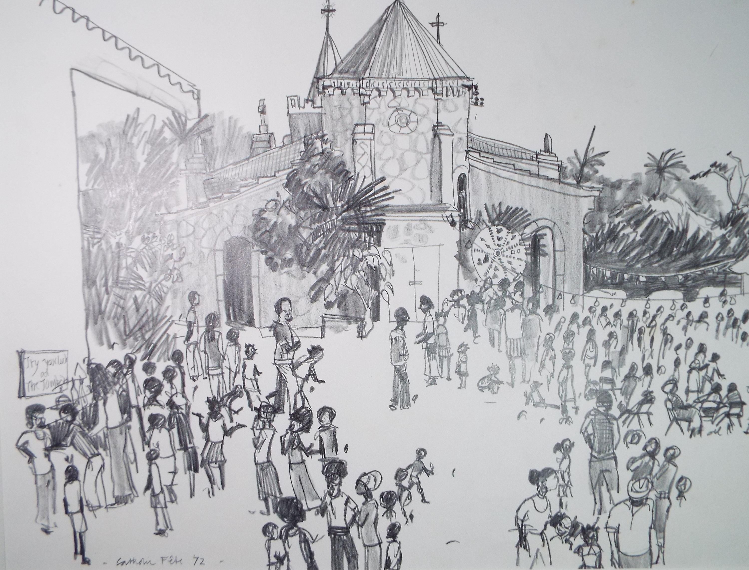 Original Pencil Drawing, Dated 1972, 'Catholic Fete Montserrat', Pamela Lander