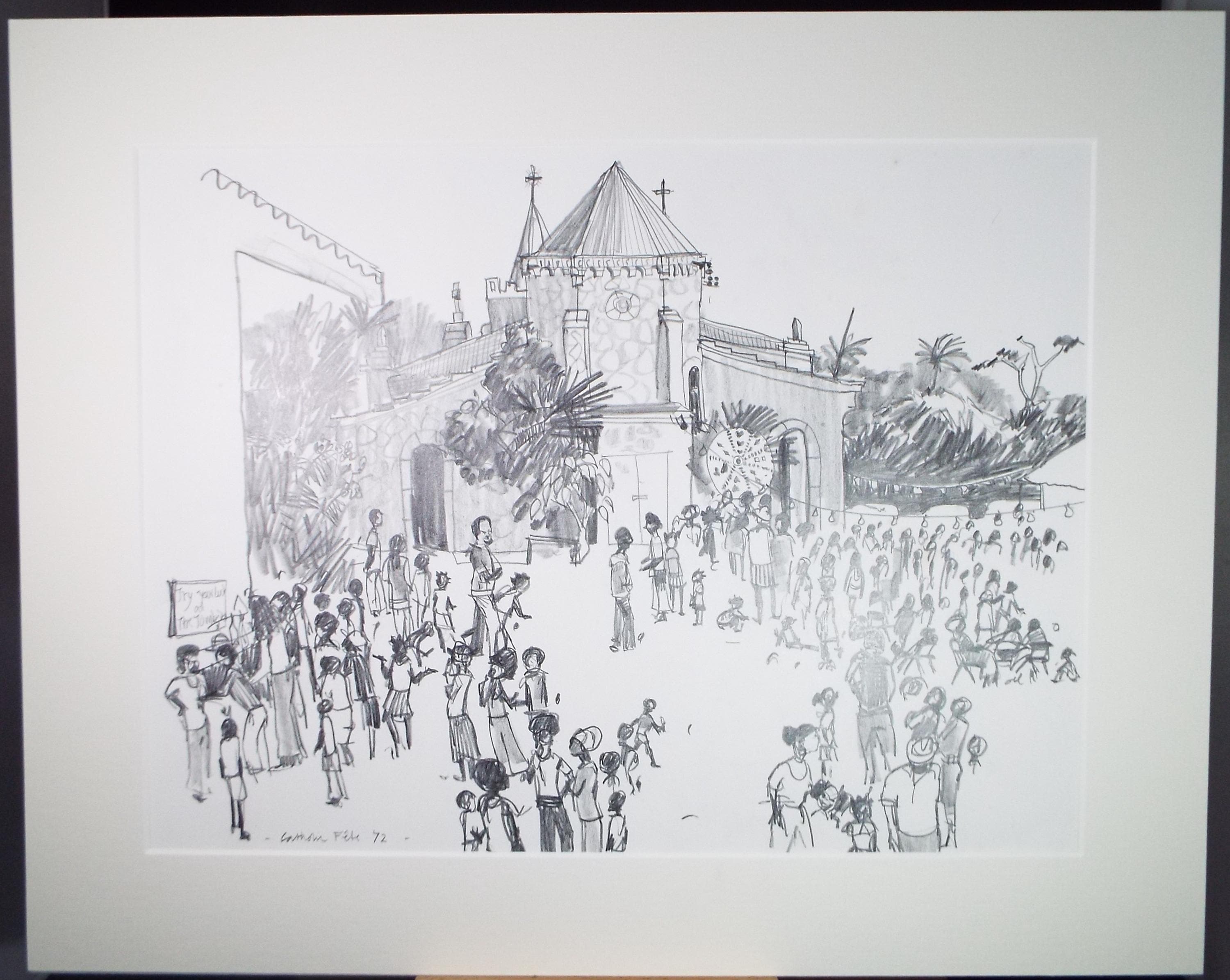 Original Pencil Drawing, Dated 1972, 'Catholic Fete Montserrat', Pamela Lander
