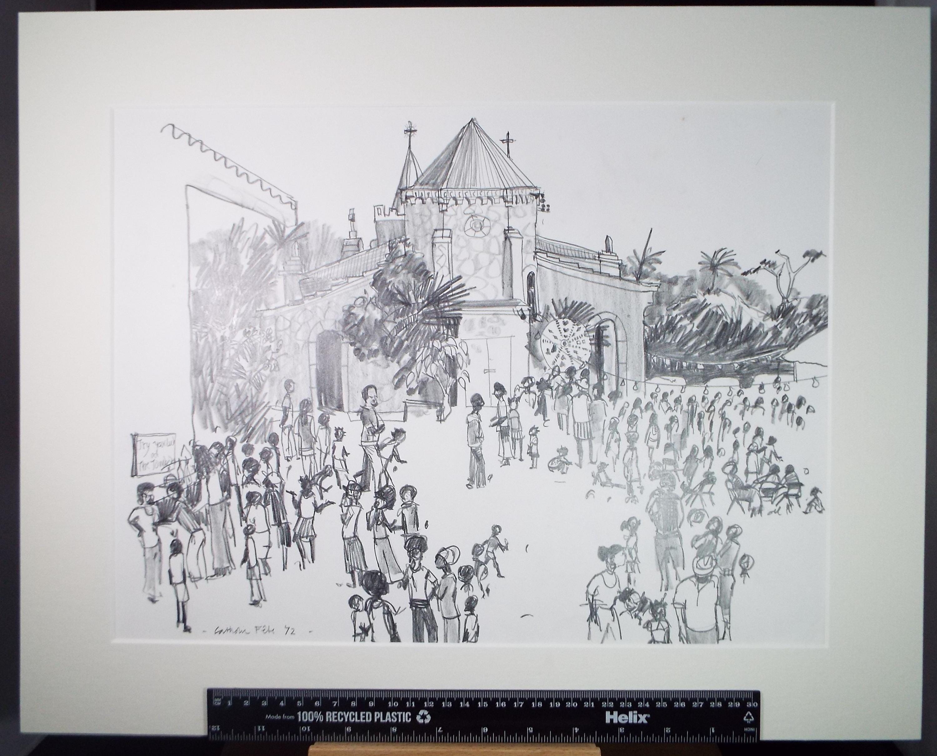 Original Pencil Drawing, Dated 1972, 'Catholic Fete Montserrat', Pamela Lander